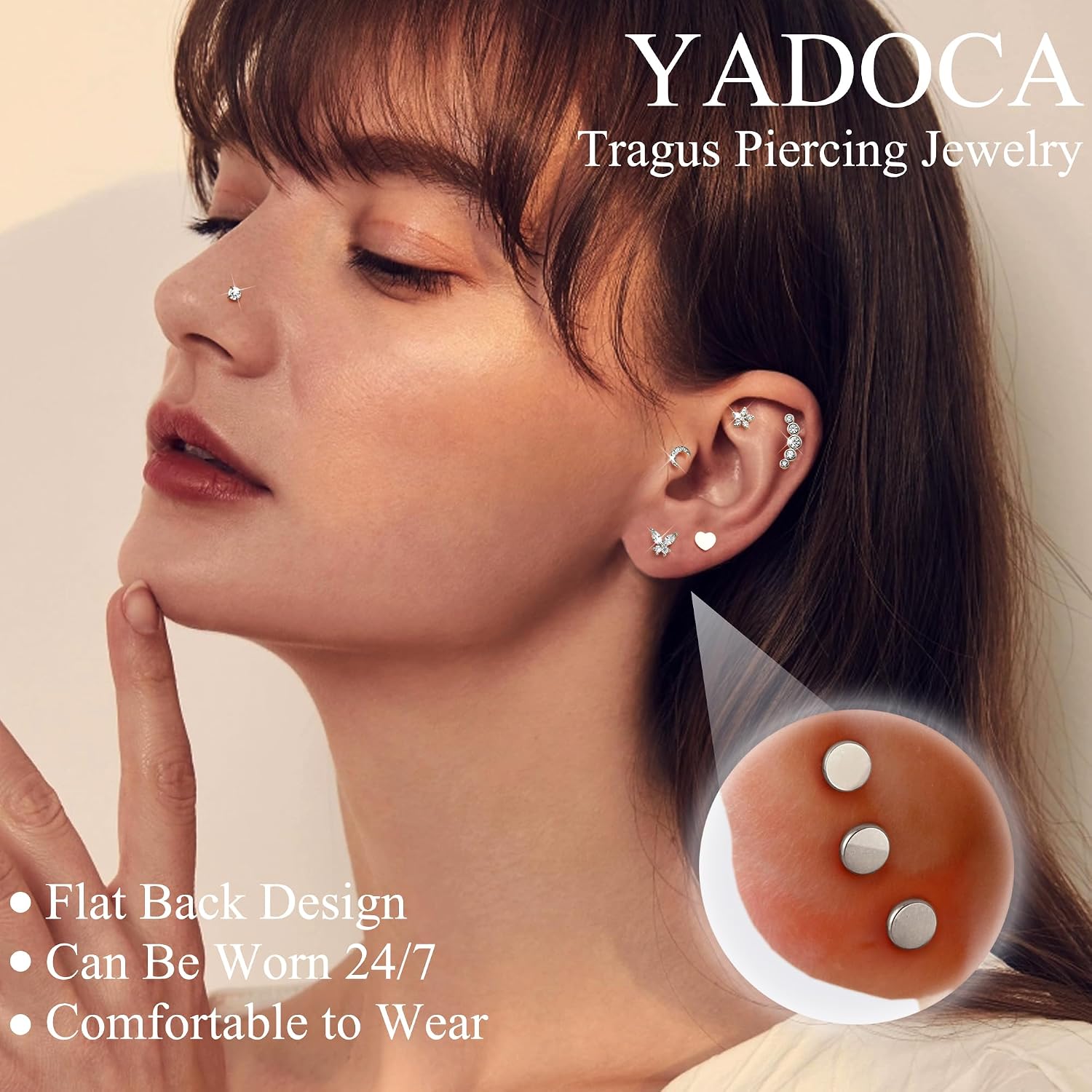 YADOCA 16G 18G Tragus Earrings for Women Flat Back Hypoallergenic Surgical Stainless Steel Cartilage Earrings Daith Conch Helix Medusa Nose Piercing Jewelry Flatback Gold Stud Earrings Set 6 7 8 10 MM