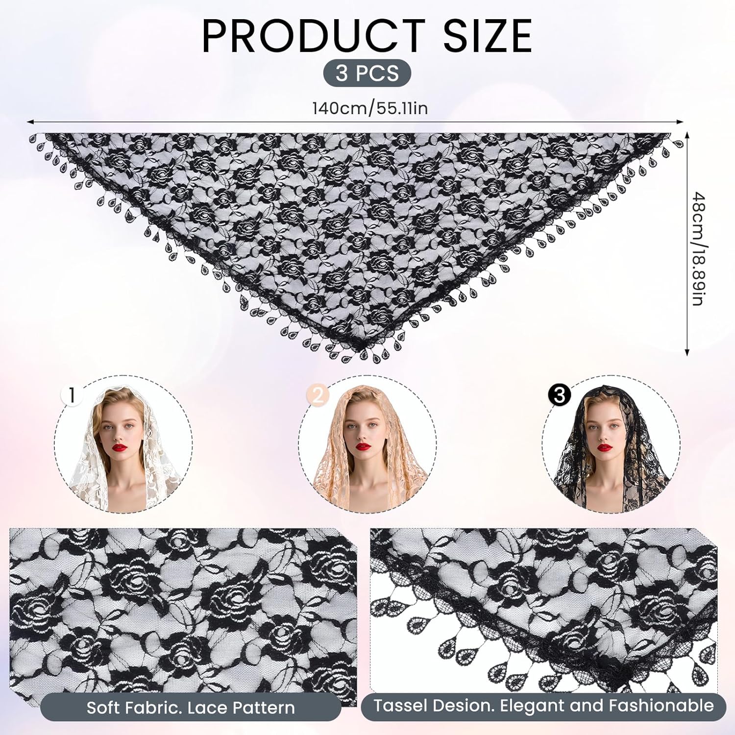 3 Pcs Mantilla Catholic Chapel Veils, Triangle Veil Cathedral Head Covering Triangle Lace Tulle Scarf Covering for Women Girls Church Headband Floral Headwrap Latin Mass Veils for Wedding Bridesmaid - Image 2