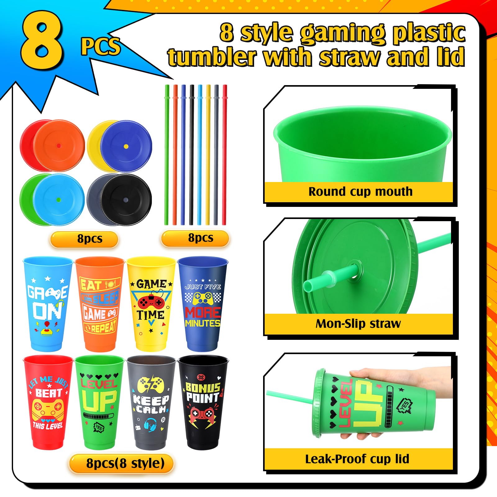 Potchen 8 vasos de plástico reutilizables para videojuegos con tapas y popotes, para divertidos, recuerdos de fiesta de cumpleaños
