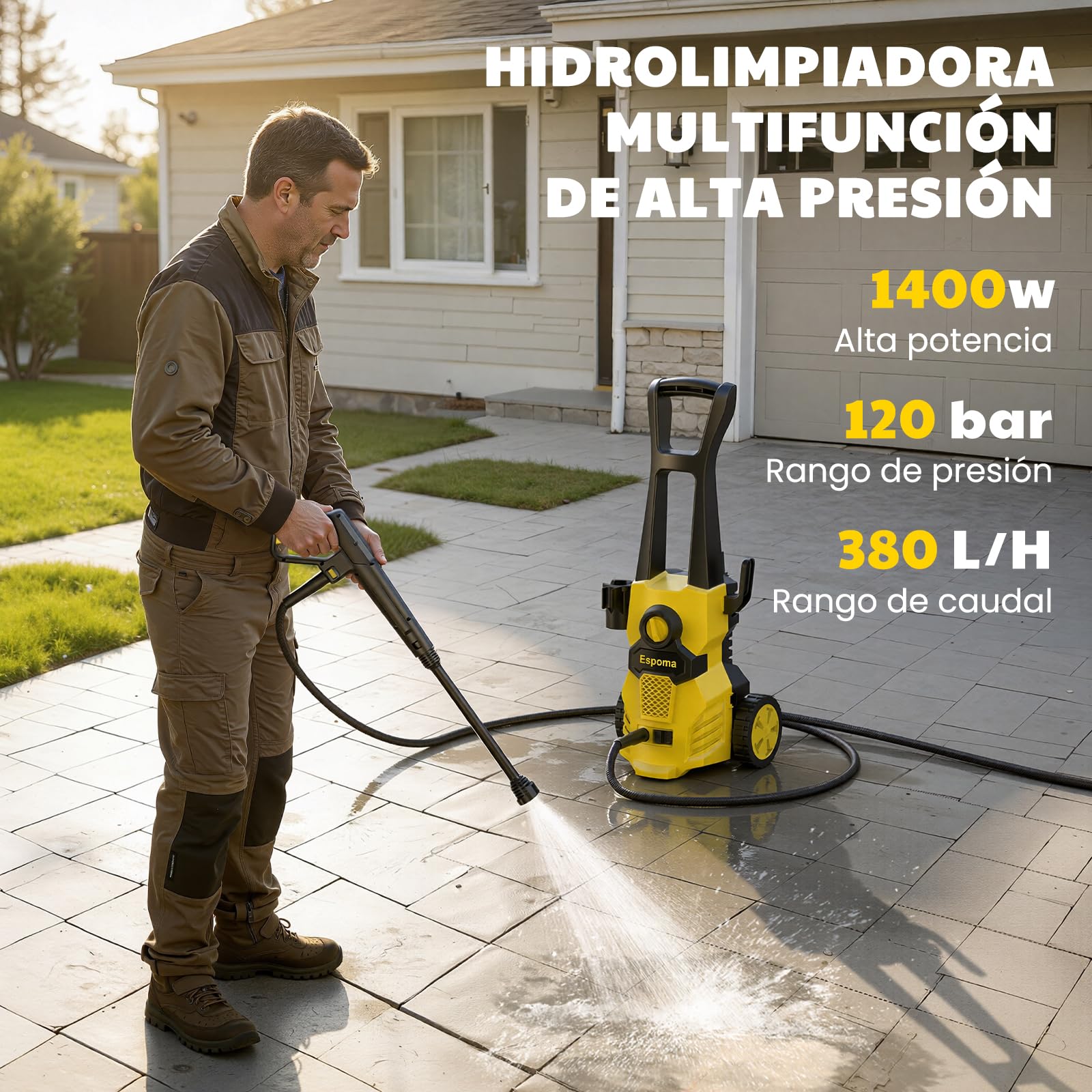 Espoma Hidrolimpiadora de Alta Presión 1400W, Presión Máx. 120 Bar, Caudal Máx. 380 l/h – Incluye Manguera de 7m, Pistola, Lanza, Boquilla Turbo y Botella de Espuma – Ideal para Hogar, Jardín y Coche - 3