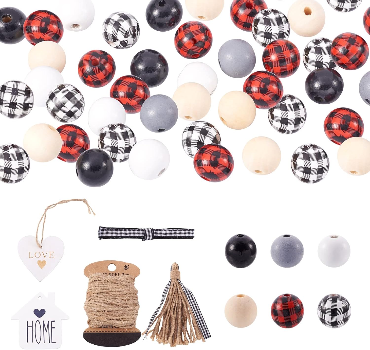 Craftdady 120pcs Natural Wood Beads 19-20mm Plaid Wooden Loose Beads Unfinished Round Beads with Jute Twine Polyester Ribbon Tassel for DIY Jewelry Crafts Home Decorations, Hole: 4mm