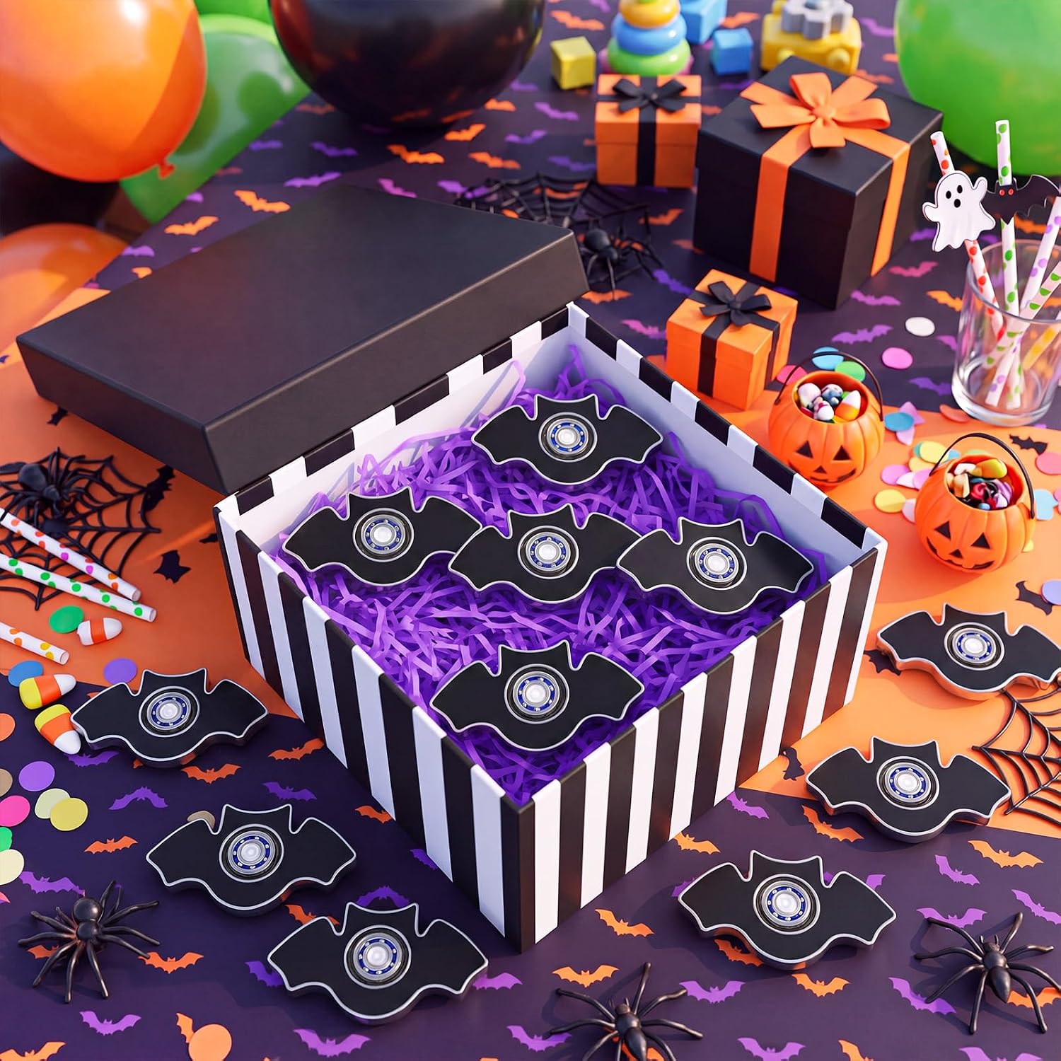 Sotiff 24 Pcs Halloween Fidget Spinners for Kids, Mini Fidgets Bulk, Halloween Birthday Party Favors, Goodie Bags Stuffers, Rewards Carnival School Class Prizes(Bat Set)