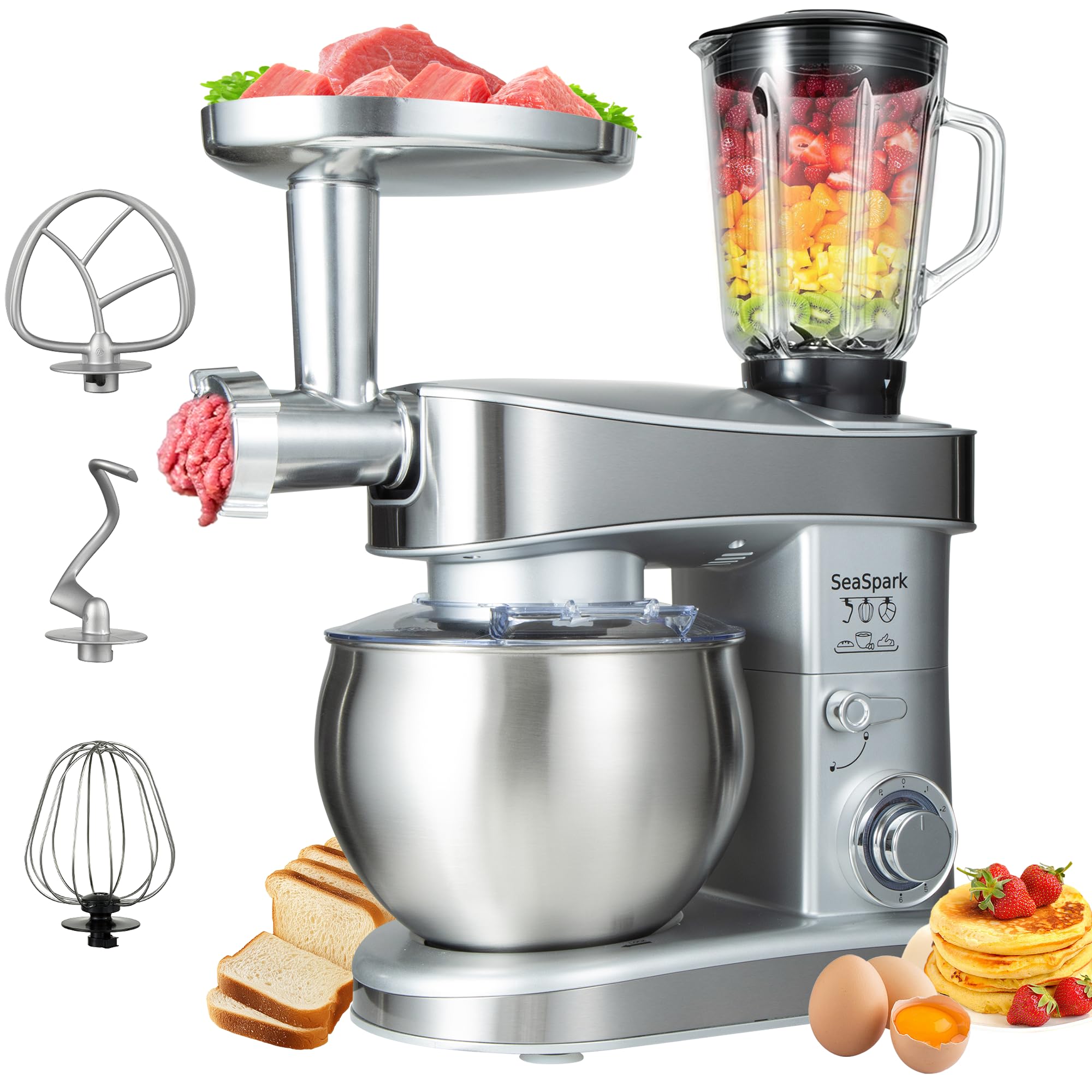 Küchenmaschine, 6 L Knetmaschine 1200W, 6 Geschwindigkeits Küchenmaschine, Teigmaschine mit Rührhaken, Knethaken, Schneebesen und Spritzschutz, Silber