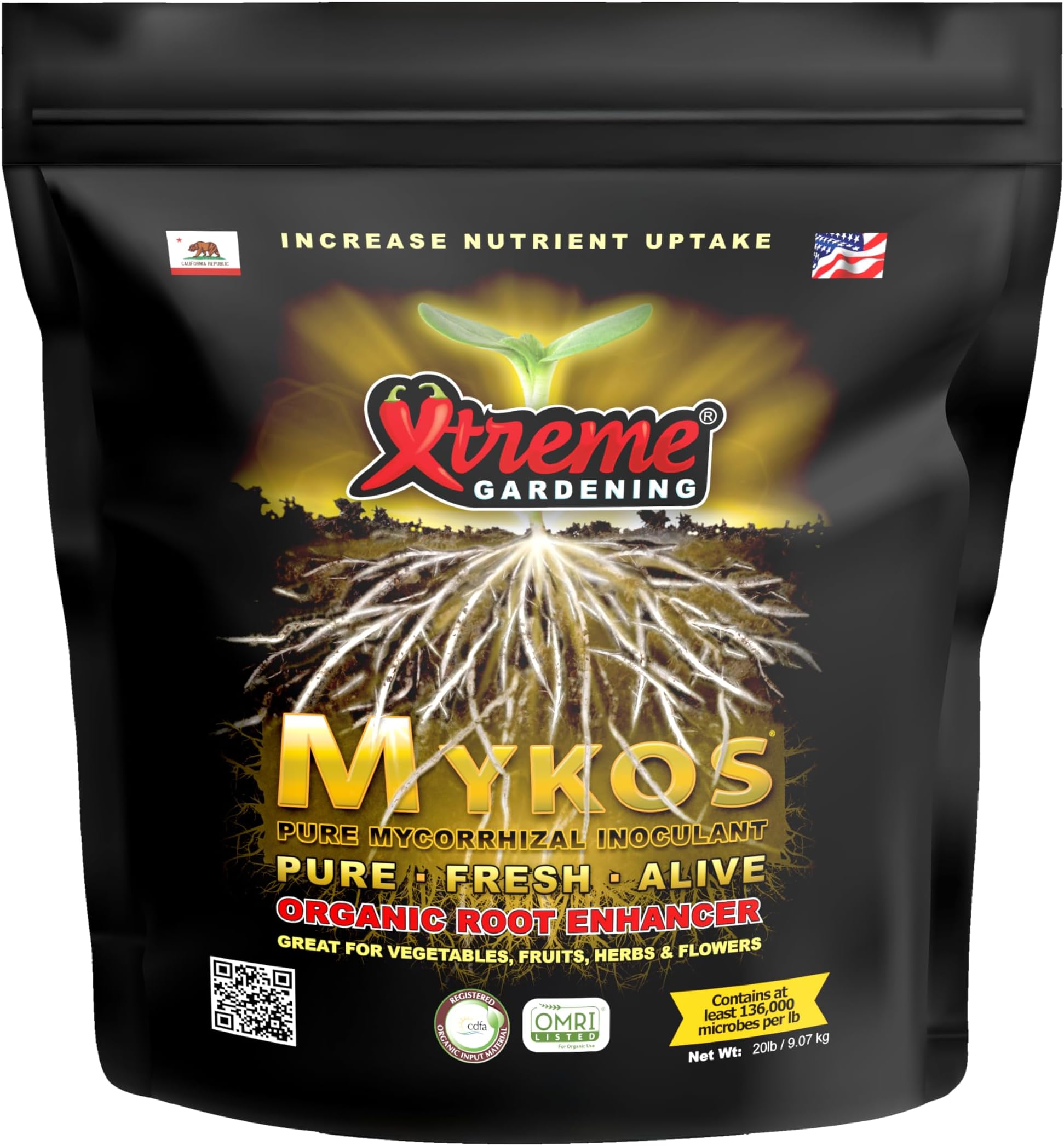 Xtreme Gardening Mykos Mycorrhizae for Plants- Granular Mycorrhizal Fungi Root Inoculant, OMRI Listed Organic Biofertilizer for Stronger Roots & Nutrient Uptake (20 lbs)