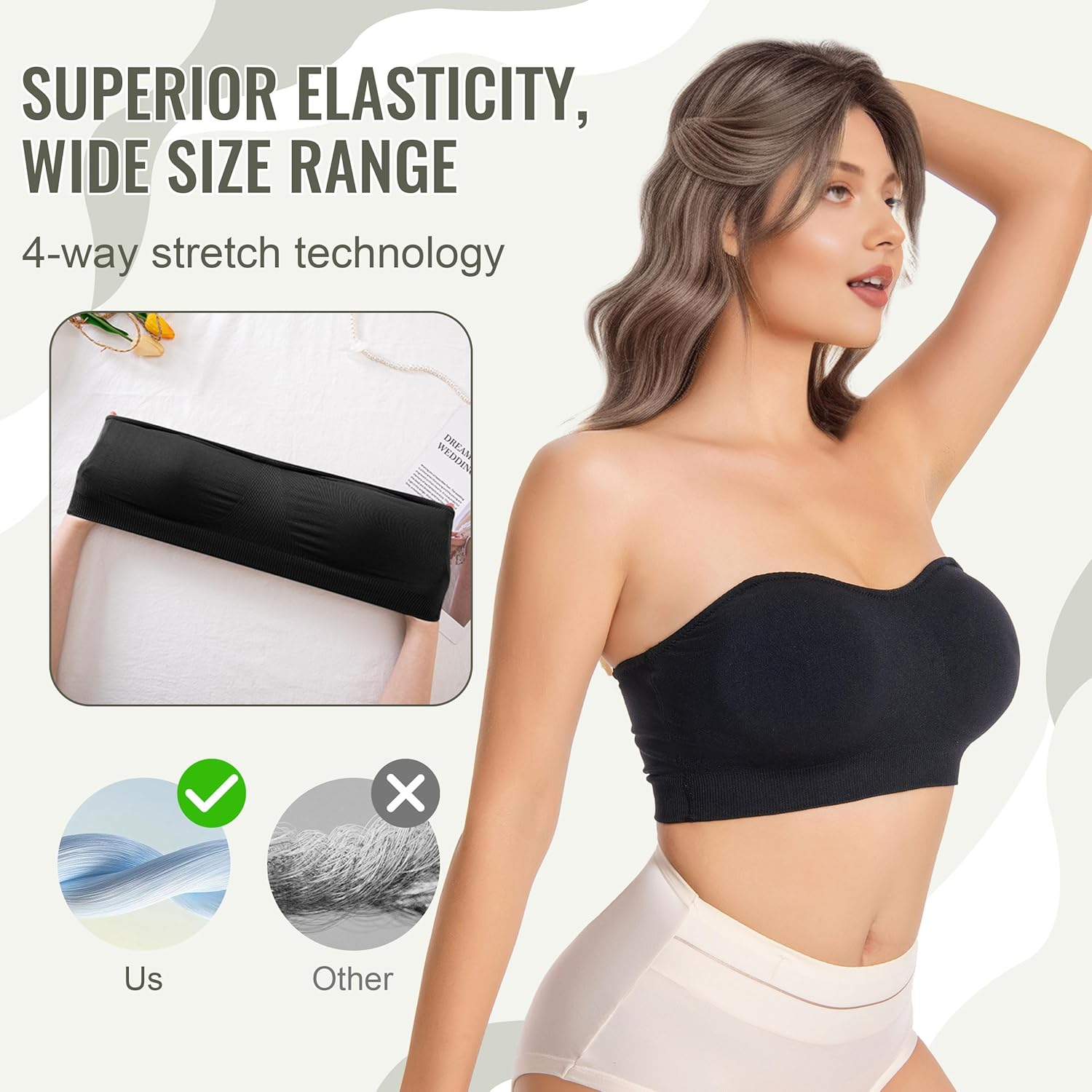 Womens Girls Strapless Bras Non-Slip Wirefree Breathable Based Bandeau Everyday Bra Tube Top - Image 4