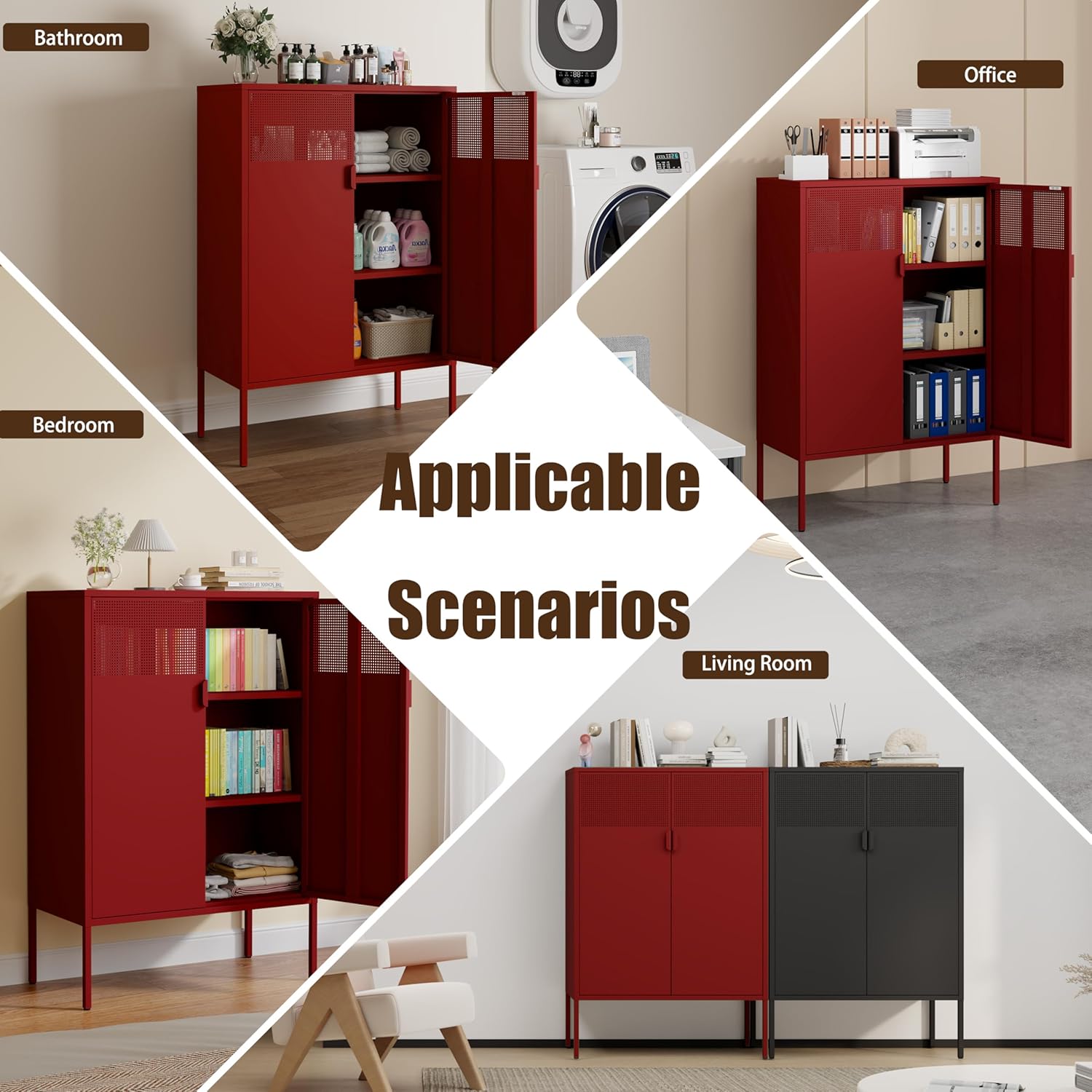 3-Tier Metal Storage Cabinet with 2 Adjustable Shelves, 2 Mesh Door Metal Locker Accent Cabinet with Legs, Red Storage Cabinets, Metal Tv Stand Cabinet for Home, Office, Entryway & Hallway