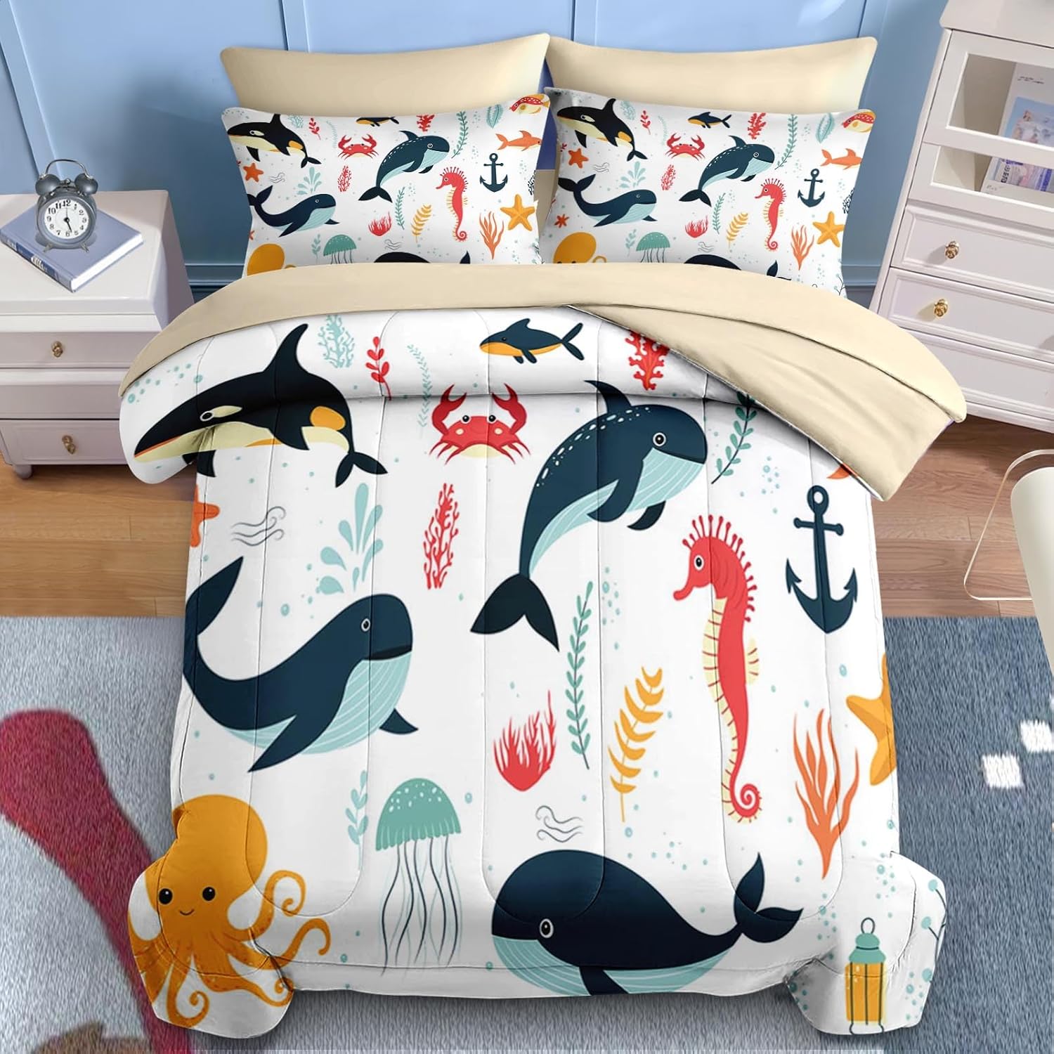 Nesker 5 Pcs Comforter Set Twin Size, Whales Octopuses Seahorses Bedding for Kids Teen, Ocean Sea Animals Bed Sheet with Pillowcase & Sham - Image 3