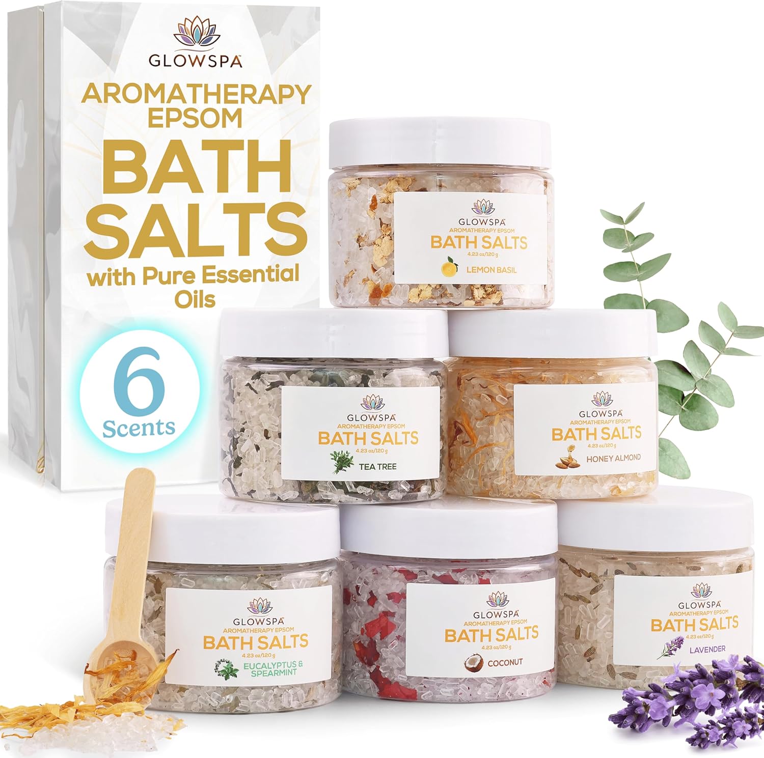 Epsom Salt Bath Soak Gift Set for Women – 6 Scent Bath Salts: Lavender, Rose, Chamomile, Eucalyptus, Coconut, Orange – Relaxing Bath Crystals, Self Care Spa Gifts for Moms