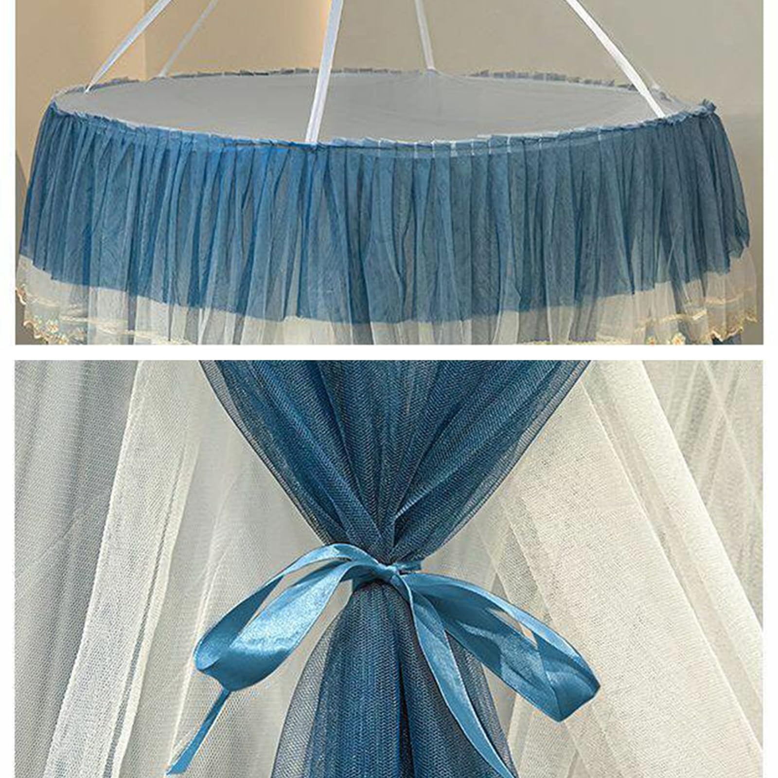 SARKEY Prinzessinnen Betthimmel,Bettvorhang,Feines Durchsichtiges Netz,Kuppelbetthimmel,Hängende Bettnetzabdeckung Für Schlafzimmer,Luxuriöse Spitze,Erwachsene,Hochzeit,Dekoration(Lake Blue)