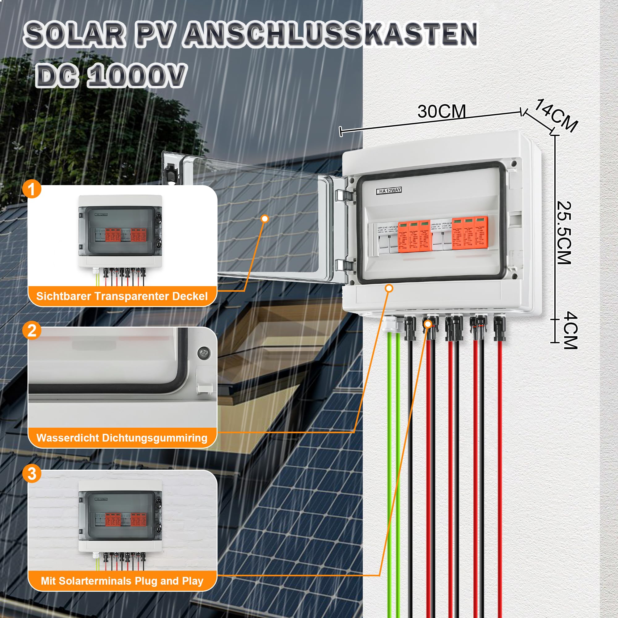 Warmfay Protezione da sovratensione PV DC1000 V, protezione da fulmini, impianto PV 20-40 KA, protezione solare da sovratensione, 2 stringhe 12 moduli con fusibile 16, IP65, impermeabile e resistente