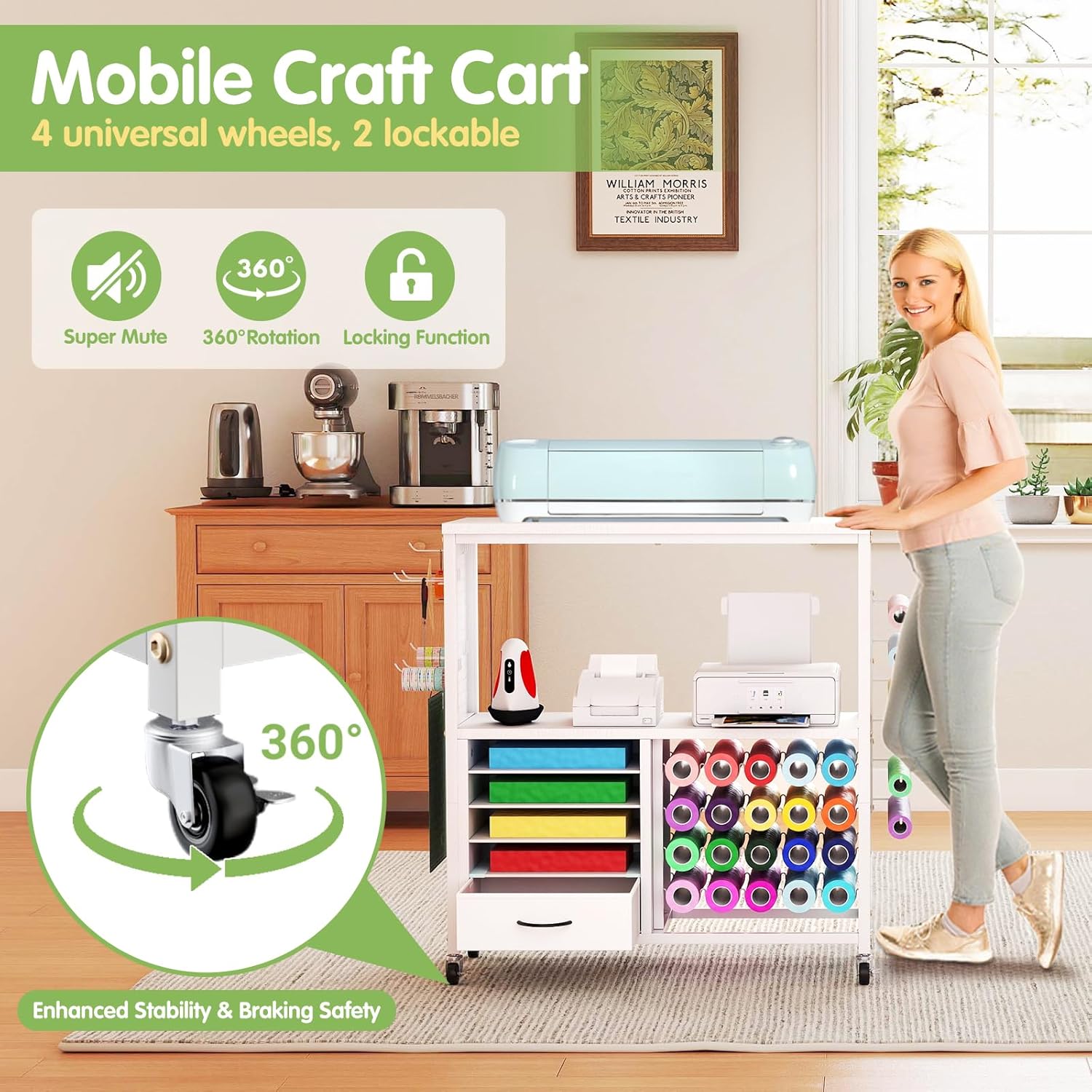 Craft Storage Cart, Compatible with Cricut Cutting Machines, Features a Vinyl Roll Holder and Drawers,A Mobile Storage Table for Crafting Tools and Accessories, Suitable for Studios, Offices
