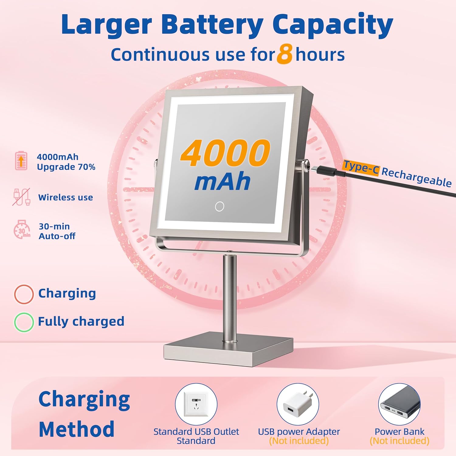 Ruacq Makeup Mirror with Lights, 4000mAh Rechargeable Magnifying Mirror with Light, 1X/10X, Height Adjustable Bathroom Vanity Mirror, 3 Colors, Adjustable Brightness (Brushed Nickel)