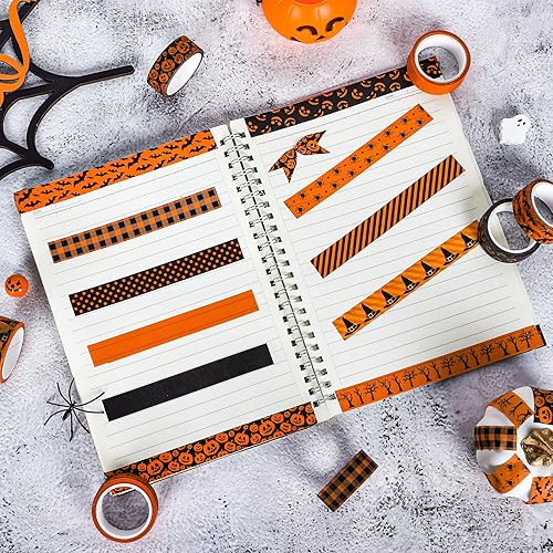 Miniatura 4 de Whaline 12 rollos de cinta Washi de Halloween, diseño de rayas, rayas, rayas, calabaza, araña, cinta decorativa negra y naranja para Halloween,
