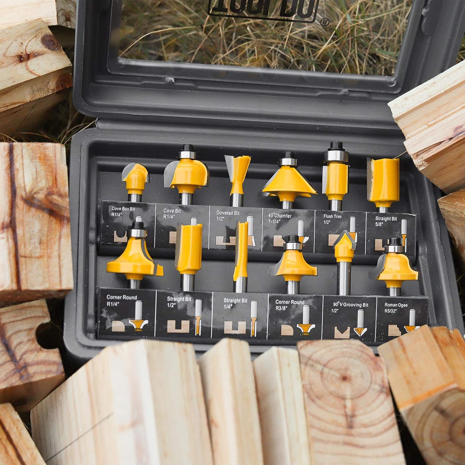 TOOLDO Router Bits 12 Pieces Set, 12 Pcs 1/4" Shank, Beginner Router Bit Kit for DIY, Woodworking Project, High Grade - 