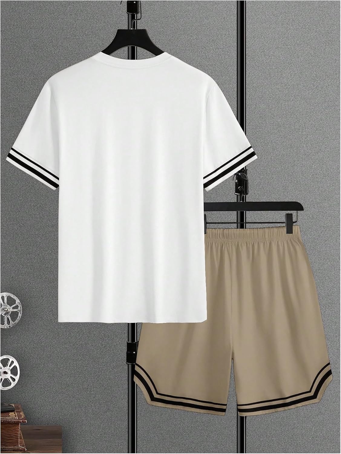 VIPWOLF Men's 2 Piece Outfits Striped Short Sleeve T Shirt and Drawstring Short Sets Casual Tracksuit Summer Clothing White and Khaki Medium