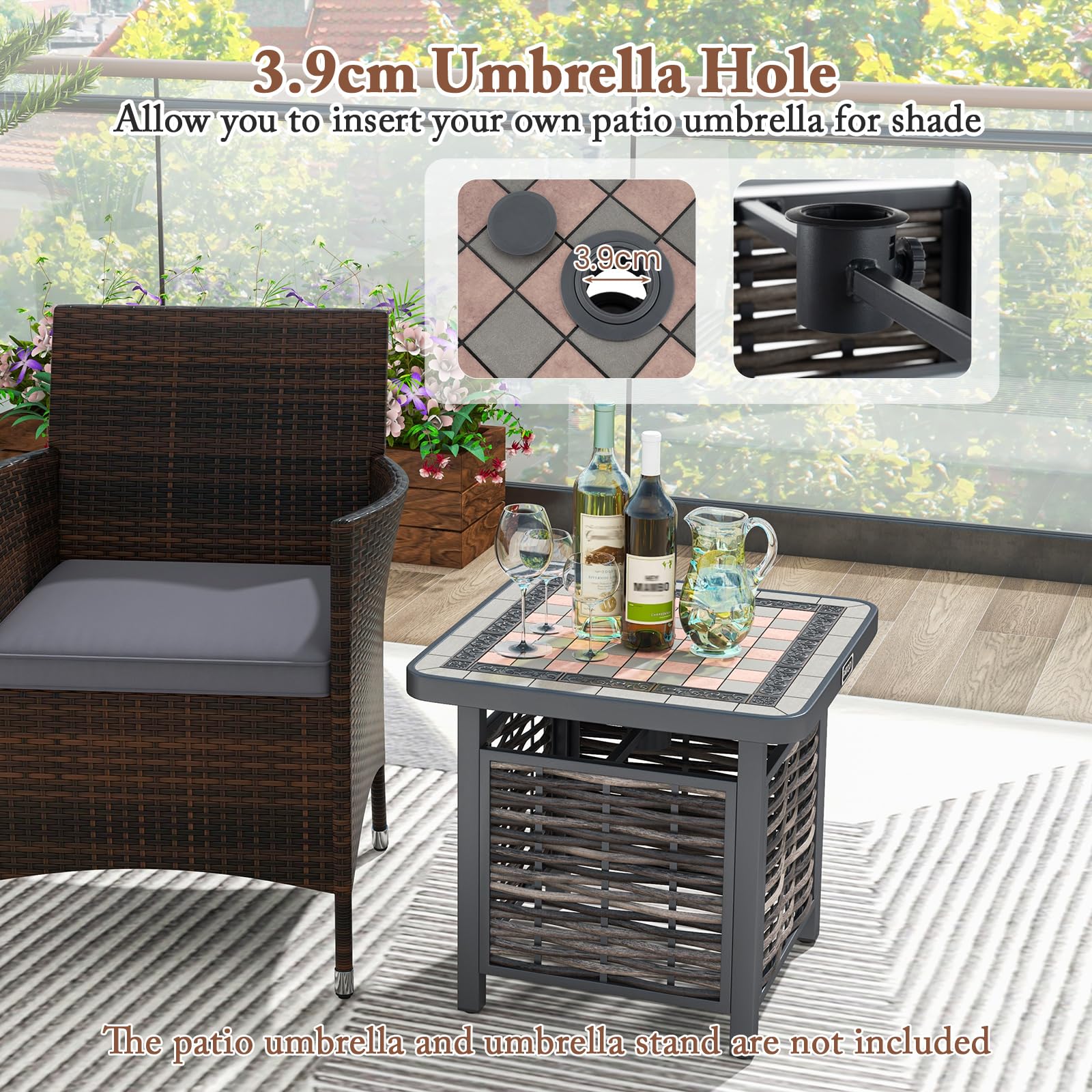 KOMFOTTEU Mesa Auxiliar con Agujero para Sombrilla, Mesa Baja de Ratán PE, Mesita de Café Cuadrada con Estructura de Metal, Mesa para Jardín, Patio, Terraza, 55 x 55 x 50 cm