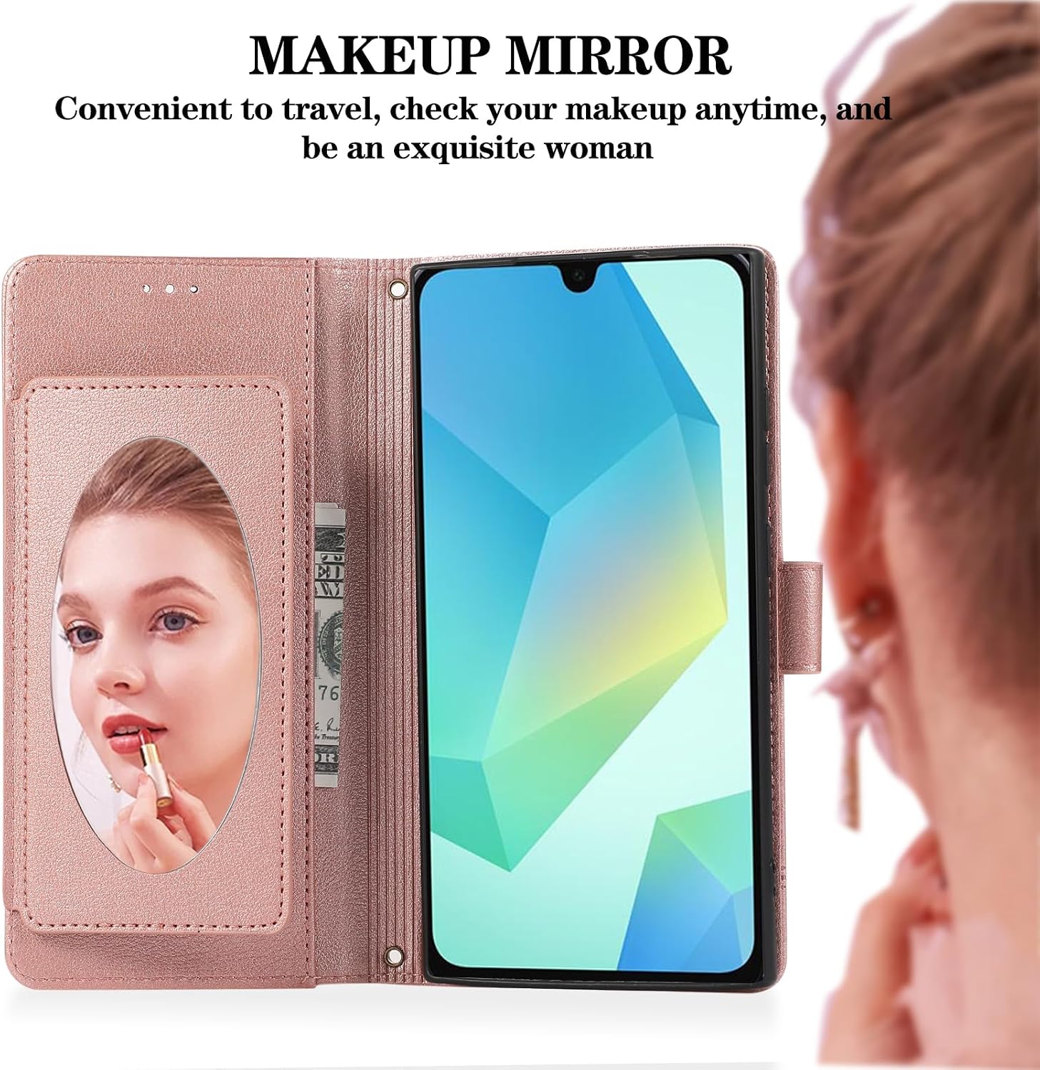 Compatible with Samsung Galaxy A16/A17/A26 5G Wallet Case Wrist Strap Crossbody Strap, Mirror PU Leather Flip Stand Cell Phone Cover for A 16 17 26 16A 17A 26A 4G SM-A166U Women Men Rose Gold