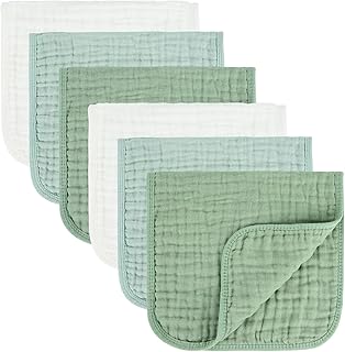 MIGIOL Baby Burp Cloths 100% Cotton Newborn Muslin Burp Cloths 10x20 inches Baby Essentials (6, White & Green)