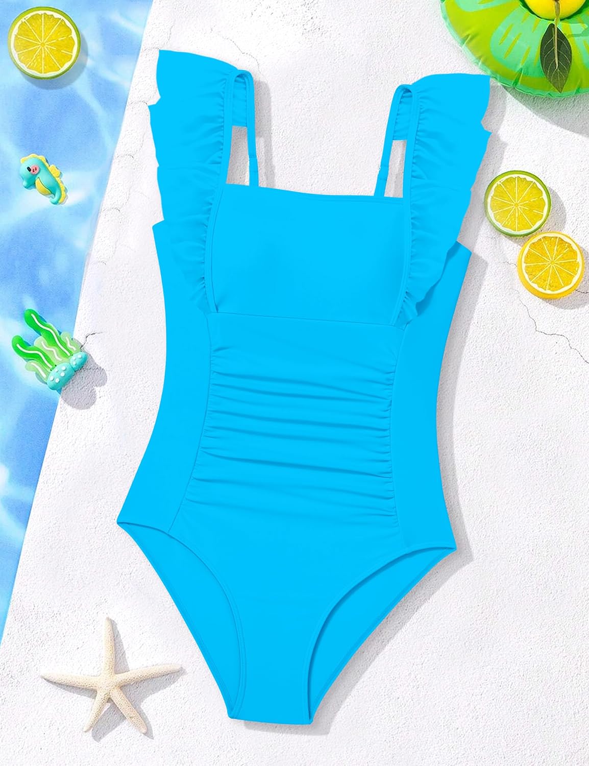 NECIOUS Girls Swimsuit Ruffle Adjustable Straps One Piece Bathing Suit Solid Color Ruched Girls' Swimwear 9-16Y - Image 4