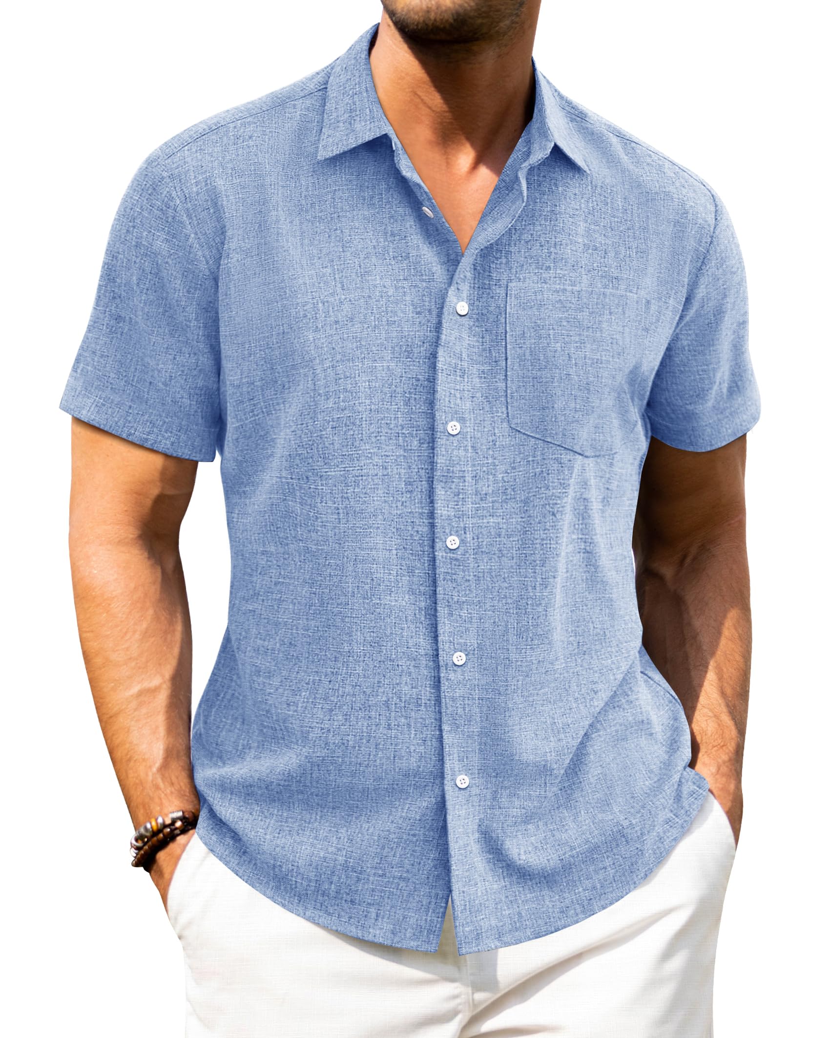 J.VER Leinenhemd Herren Kruzarm Freizeithemd Regular Fit Leicht und Luftig Sommerhemd Leinen Shirt mit Tasche