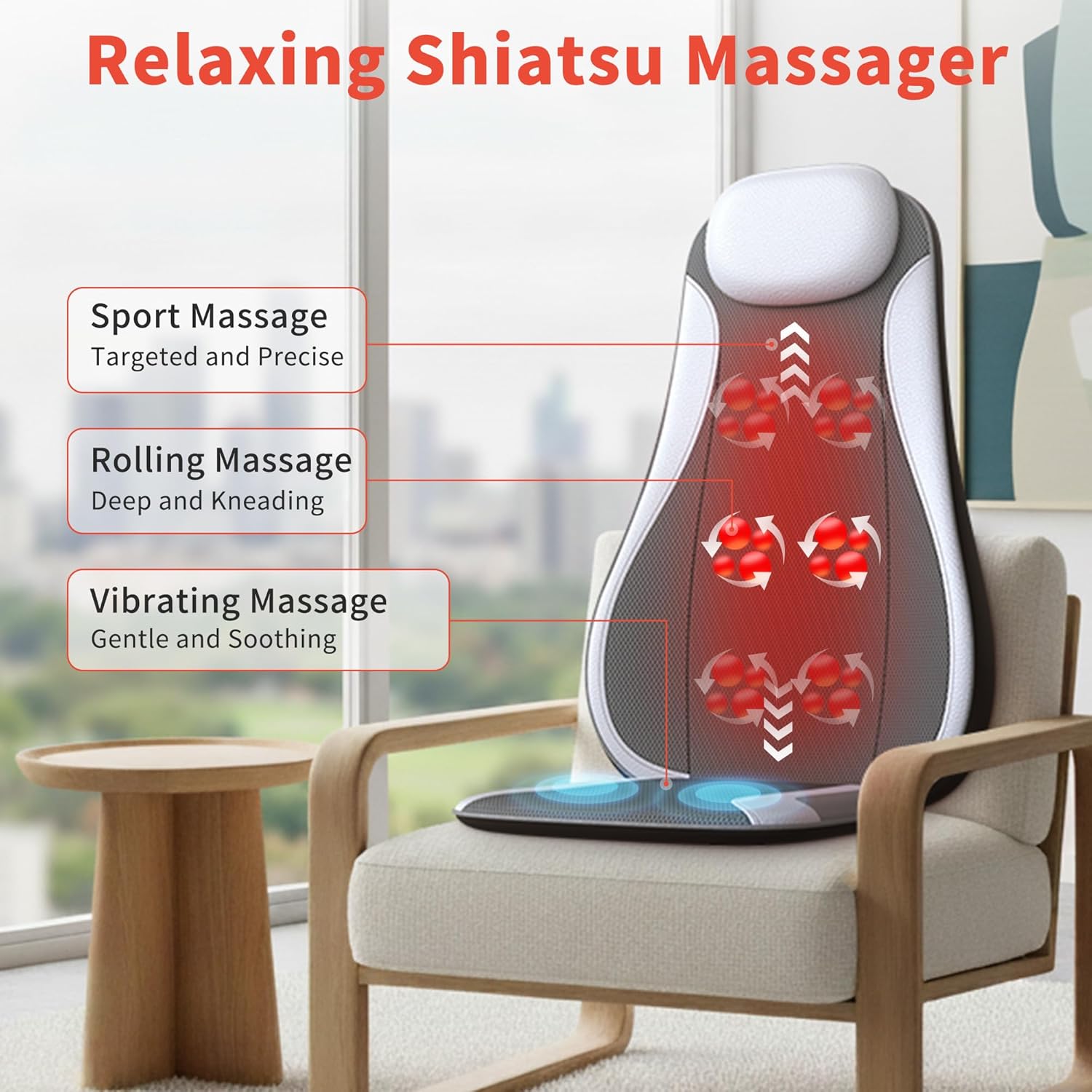 Shiatu Back Massager with Heat & Cooling, Kneading Rolling Vibration Chair Massager for Deep Tissue Pain Relief, Massage Chair Pad for Home & Office - Image 2