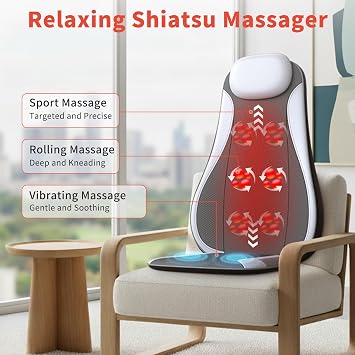 Shiatsu Back Massager with Heat & Cooling, Kneading Rolling Vibration Chair Massager for Deep Tissue Pain Relief, Massage Chair Pad for Home & Office