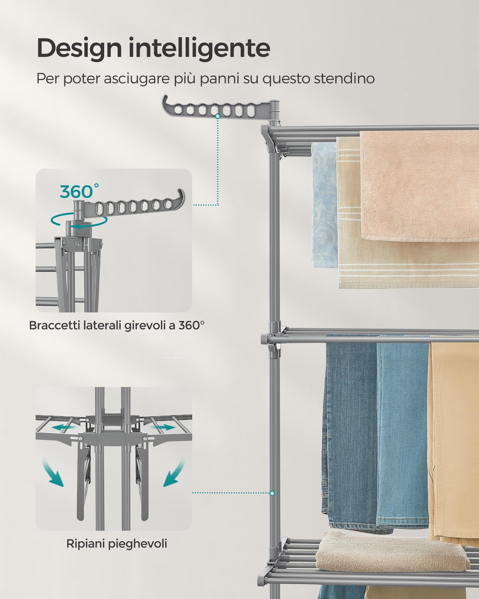 SONGMICS Stendibiancheria, Stendino Pieghevole a 4 Livelli, con Ruote e Ali Richiudibili, 63,5 x 128 x 173 cm, Capiente, Uso Interno ed Esterno, Grigio LLR701G01