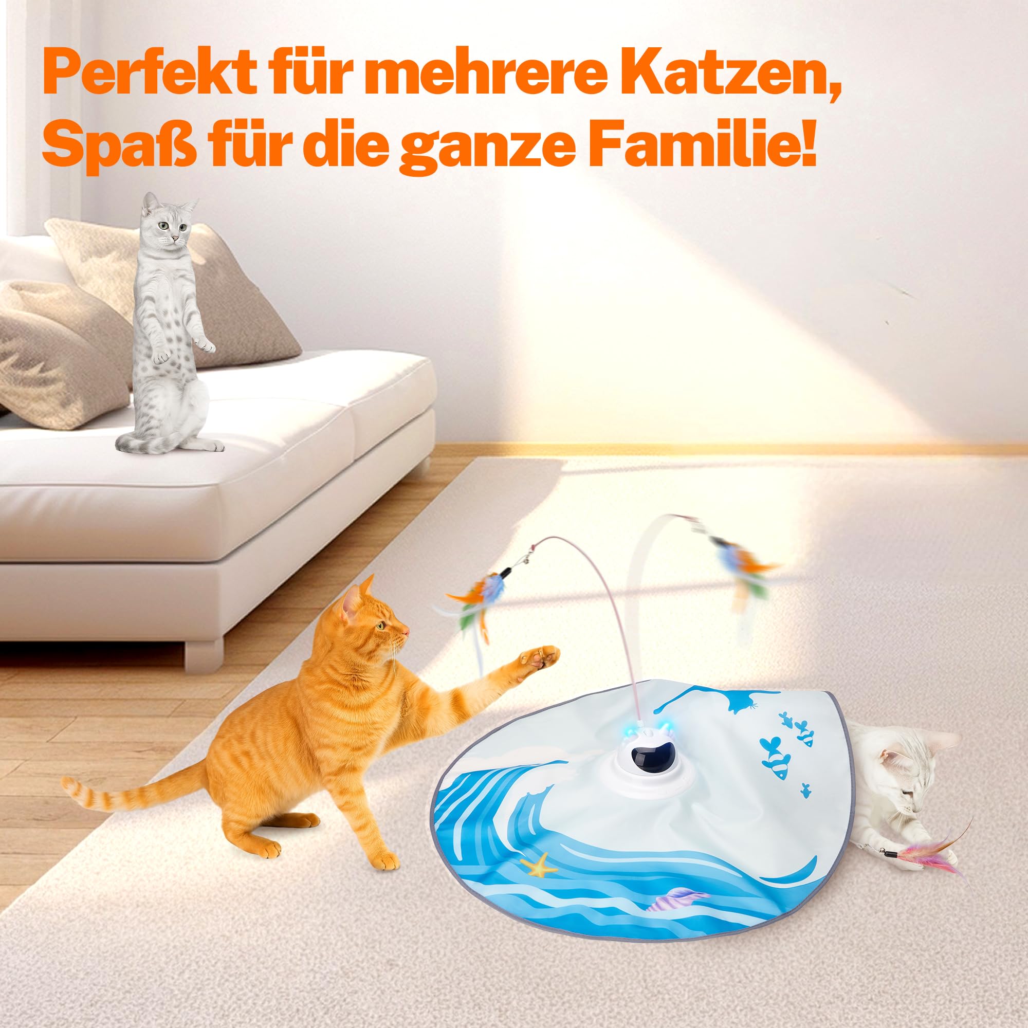Toozey Interaktives Katzenspielzeug mit 3 abnehmbaren Federn, Elektrisches Katzenspielzeug mit Federautomatik & USB-Aufladung, Selbstbeschäftigungspielzeug für Katzen jeden Alters, Blau