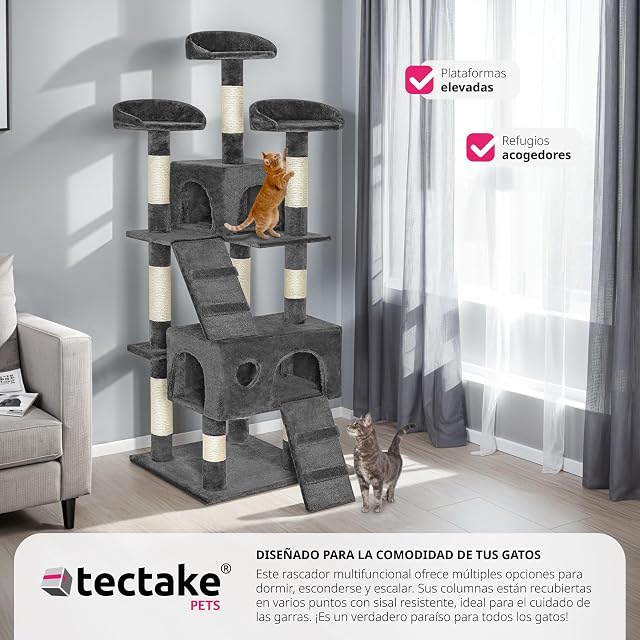Foto 7 de 8 de tectake® arbol rascador para Gatos, sisal Resistente, casa 3 nidos, Sistema antivuelco, Poste rascador Gatos…