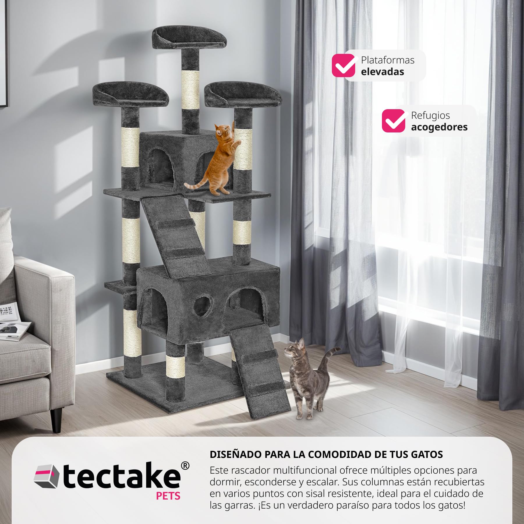tectake® arbol rascador para Gatos, sisal Resistente, casa 3 nidos, Sistema antivuelco, Poste rascador Gatos, Cama de Gato, Juguetes para Gato - 170 cm Alto Gris