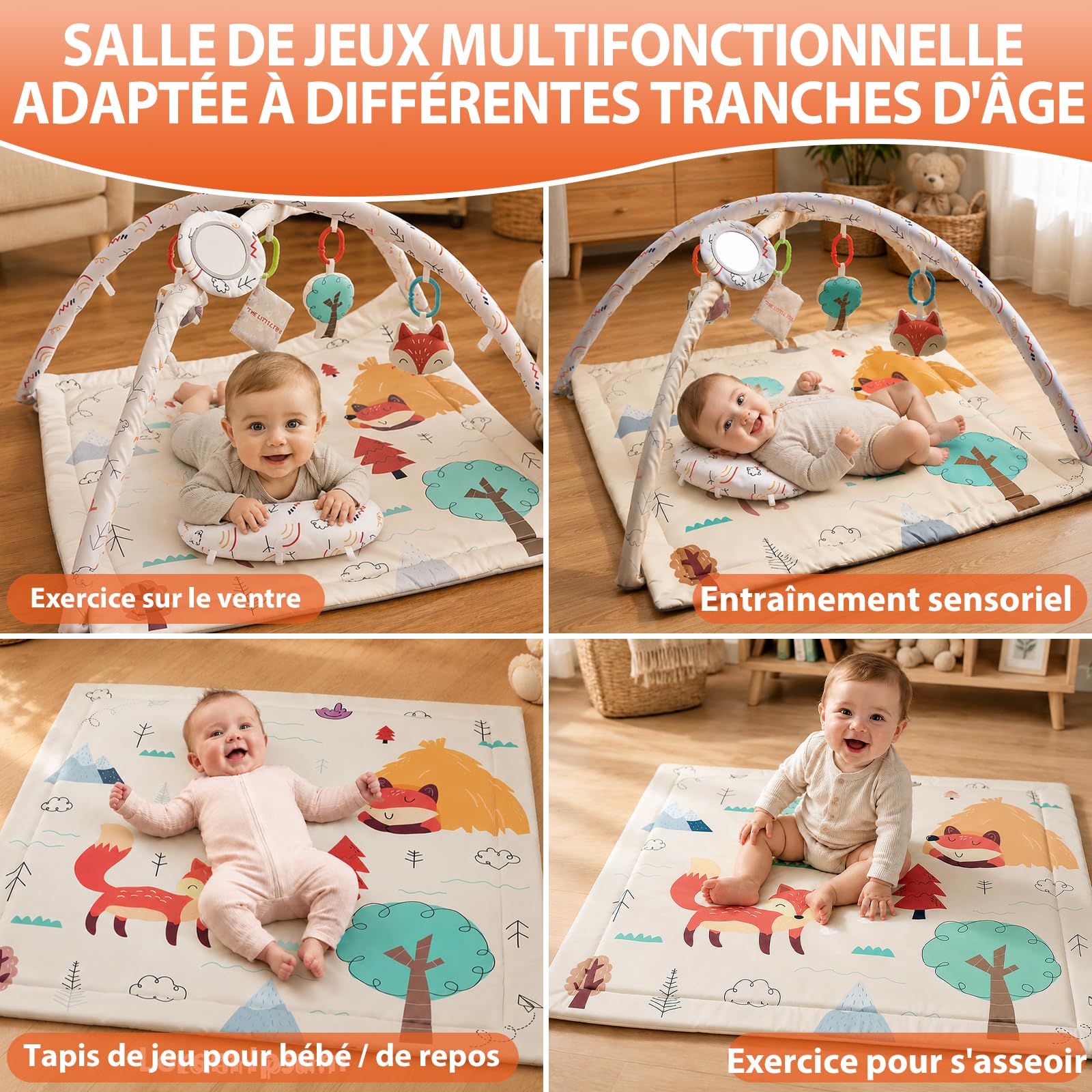 FUNYKICH Tapis D’Éveil pour Bébé Tapis de Jeu Multifonctionnel | Tapis d’éveil bébé avec jouets sensoriels renard,hochet,papier sonore,miroir et coussin ventral pour tummy time 0-18 mois