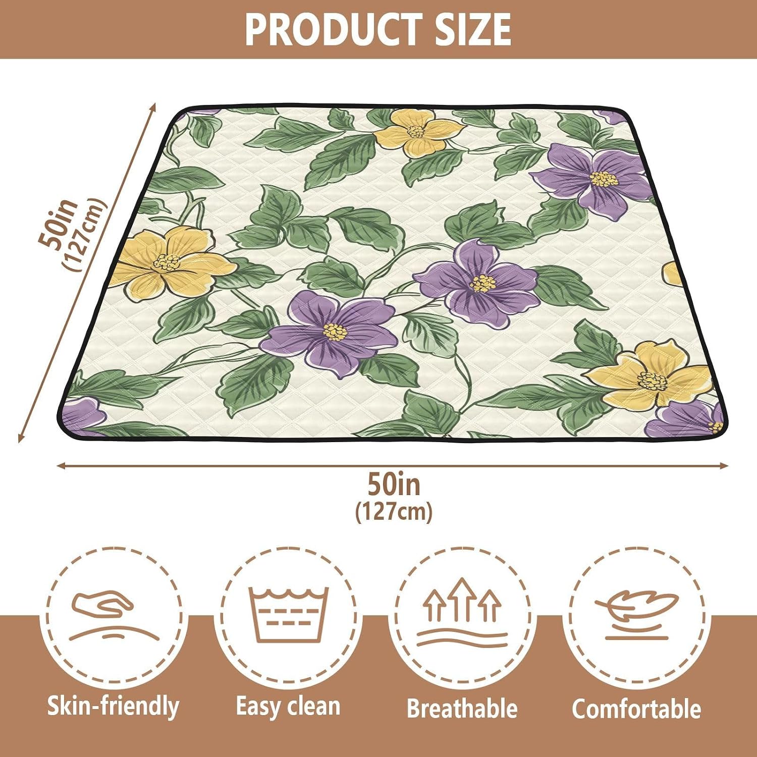 Doodle Colorful Flower Pattern Baby Play Mat, 50“ X 50” Washable Folding Crawling Mat, Baby Floor Mat, Soft, Thick, Non-Slip