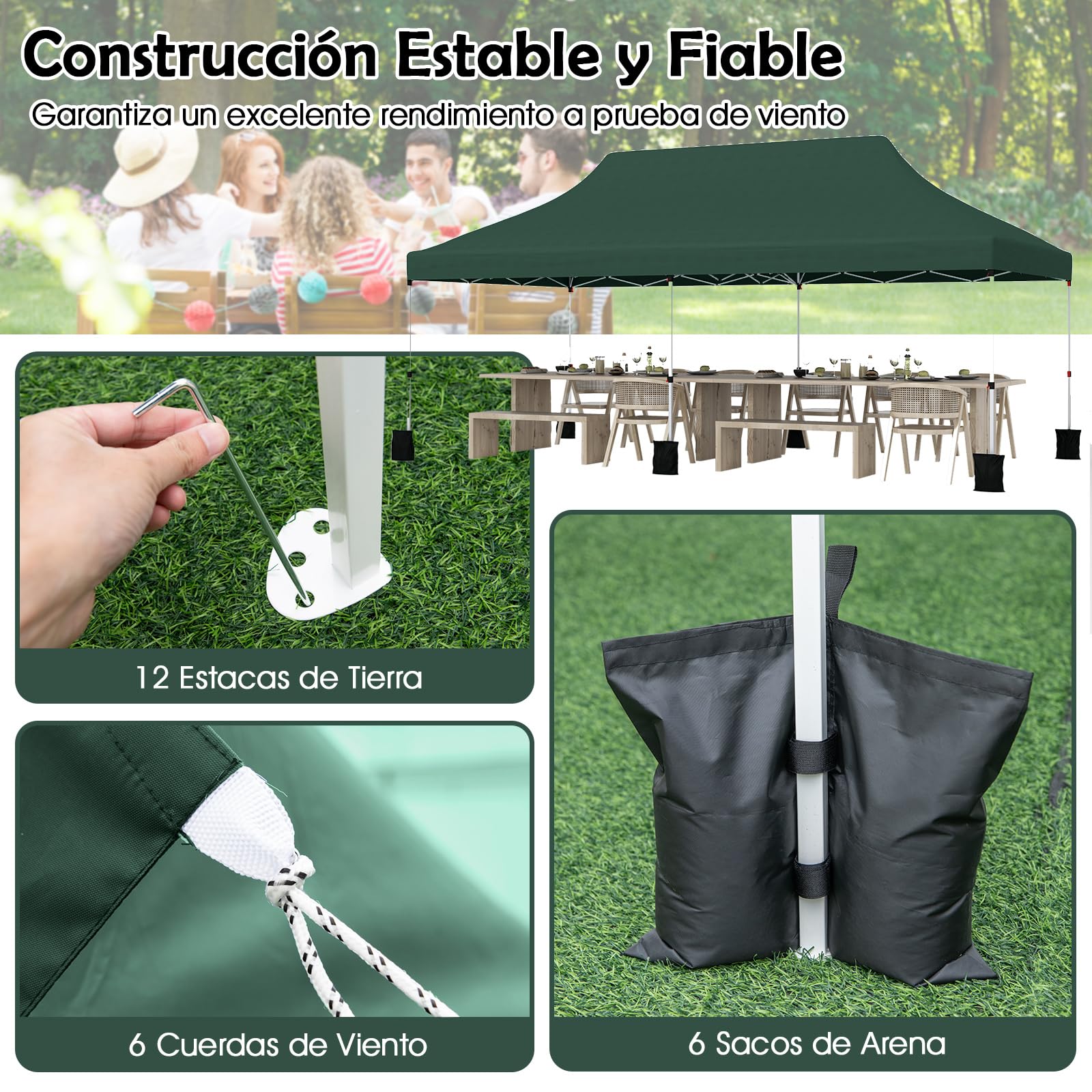 COSTWAY Carpa Plegable 3x6m, Pergolas de Jardin Pop UP, Protección UV 50+ Impermeable, Bolsa de Transporte, Cenadores Pabellón Jardin Exteriores, 6 Sacos de Arena (Verde)