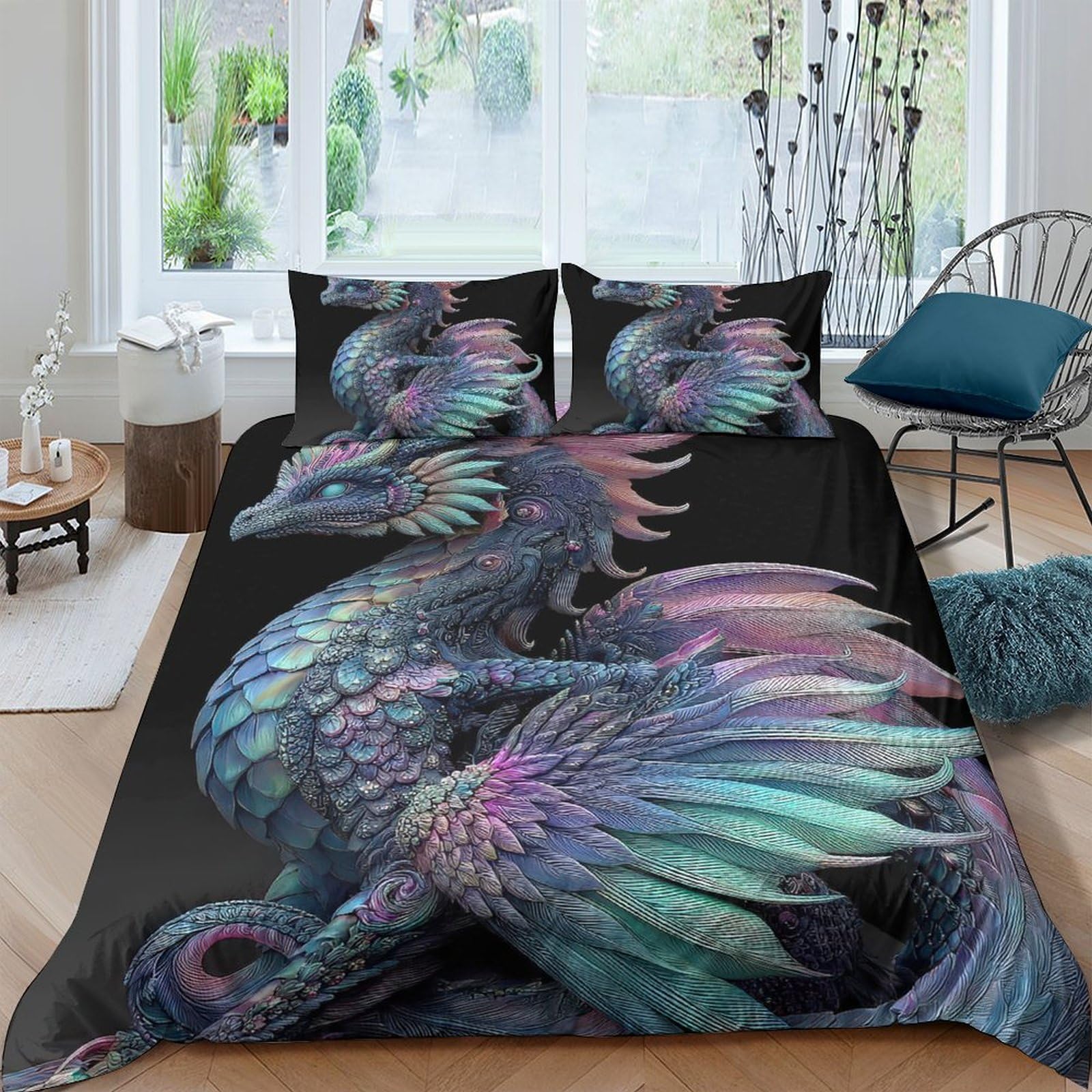 Ctjqhvkz Style-8 3D Printed Iridescent Dragon Fitted Sheet Microfiber Artistic Blue Purple Bed Cover For Bedroom Guest Room Mattress Decor Single（135X200cm）