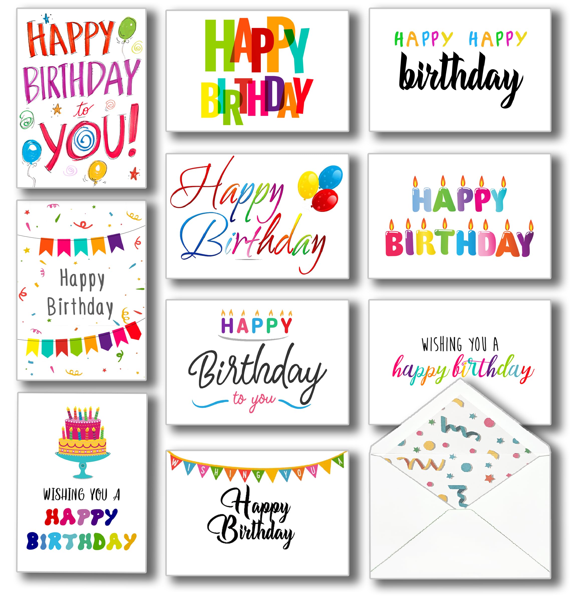 100 Happy Birthday Cards Bulk, Large 5x7 Inch Assorted, with Envelopes,Stickers and Simple Greetings Inside for Office, Business and Personal Use, 10 Designs, Thick Cardstock