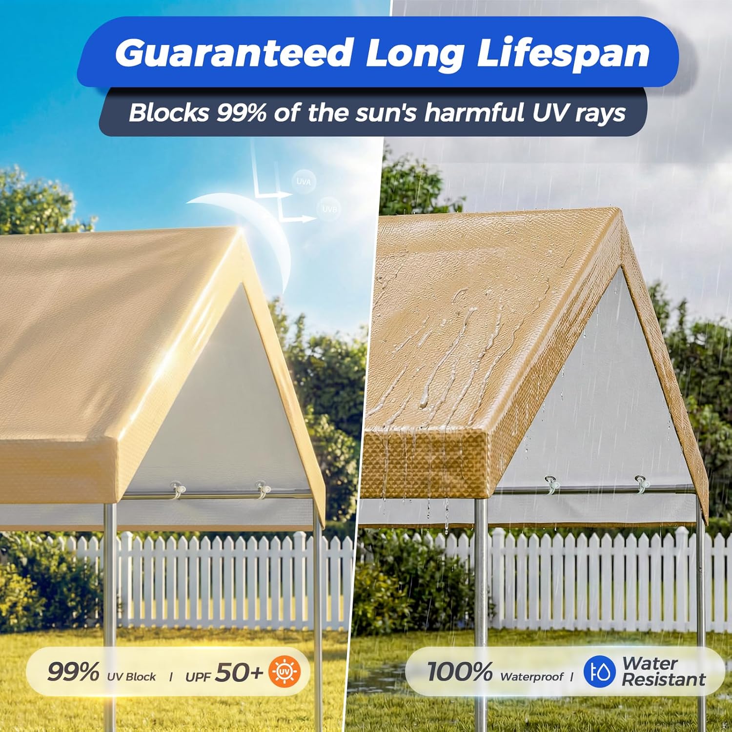 10x20 FT Carport Canopy Replacement Cover, Heavy Duty Car Garage Top Tent Shelter Tarp, Waterproof & UV Protected, Easy Installation with Ball Bungees, Beige (Frame Not Included)