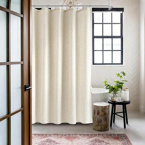 Miniatura 8 de Cortina de ducha de lino natural con 12 ganchos de metal, moderna, bohemia, neutra, gruesa, impermeable, decoración de baño, cortina de ducha beige