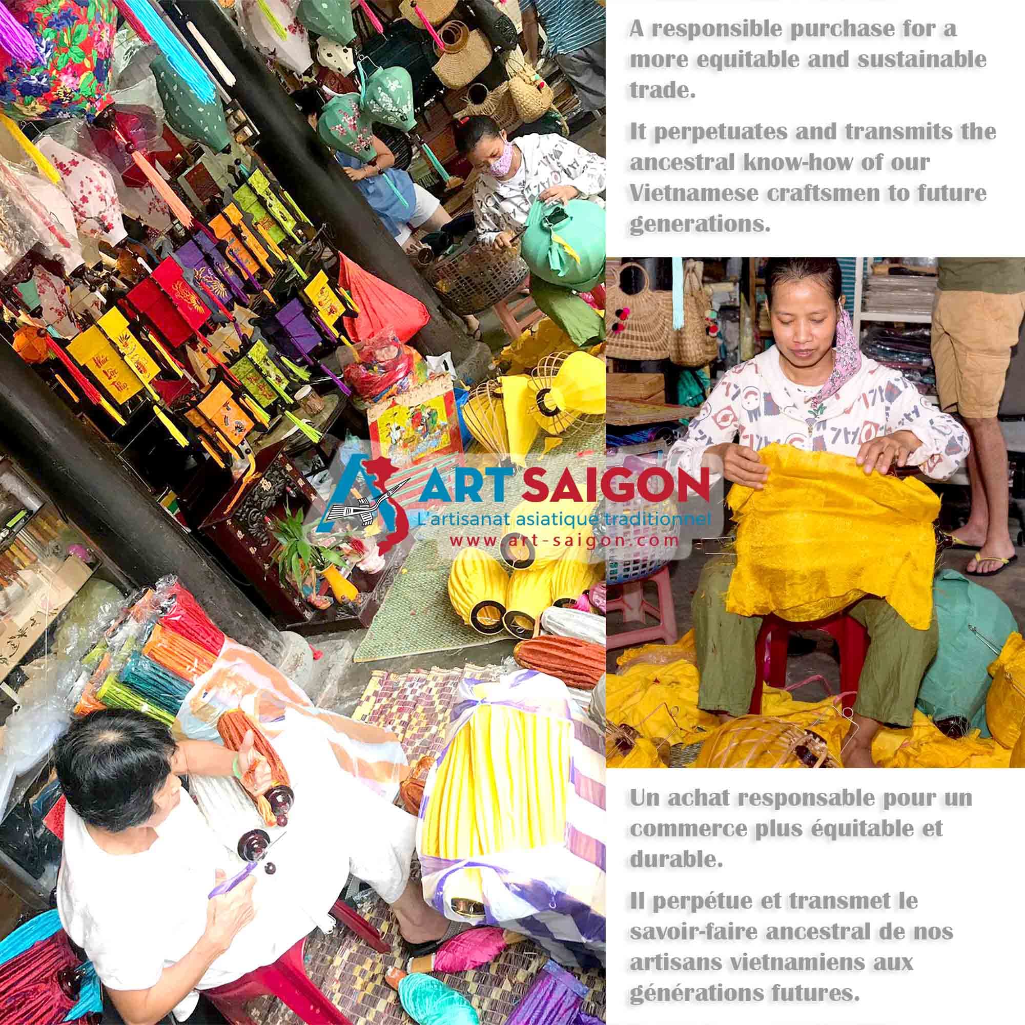 Asiatische Laterne aus Weißem Leinenstoff G - Durchmesser Ø33cm - Handbemalte Laterne mit Bambus und Vogelpaar Motiv - Dekoration und Kunsthandwerk aus Vietnam (G25-TRE)