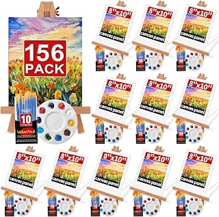 156 Pack Easel and Canvas Sets with 13 Wood Easels,120 Brushes,12 Canvas and 12 Palette, Painting Set, Tabletop Easel, Art Easels, Painting Supplies for Adults to Paint Party