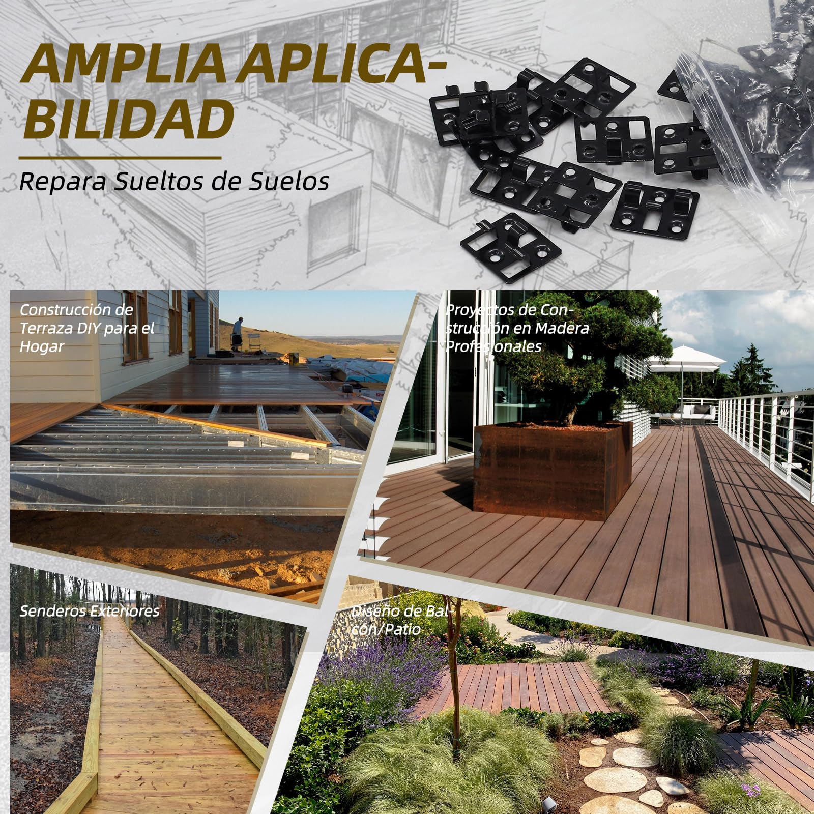 Clips de suelo WPC, fijaciones ocultas de acero inoxidable, adecuados para baldosas de suelo WPC y BPC, fijaciones de suelo de fácil montaje (100 clips, 100 tornillos, negro) (ranura de 5 mm de ancho