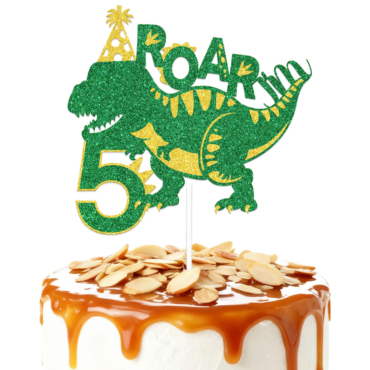 ZCXVC Roar I'm 5 Cake Topper Dinosaur 5th Birthday Decorations for Boys Girls Gold & Green Glitter