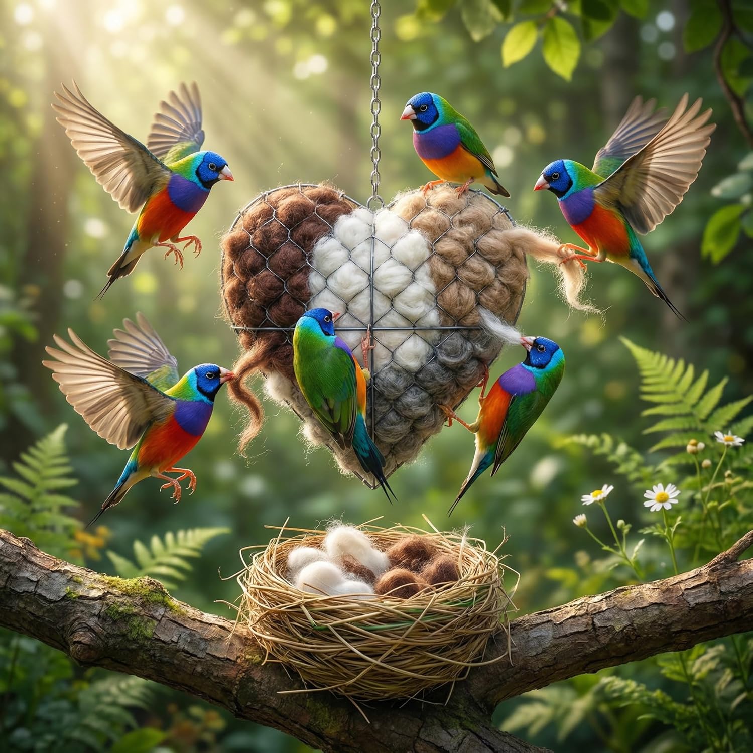 Heart-Shaped Alpaca Fiber Bird Nesting Material Holder, Refillable Wire Nest Supply, 7.08 x 7.87 Inch, Hanging Outdoor Garden Decor (3PC)