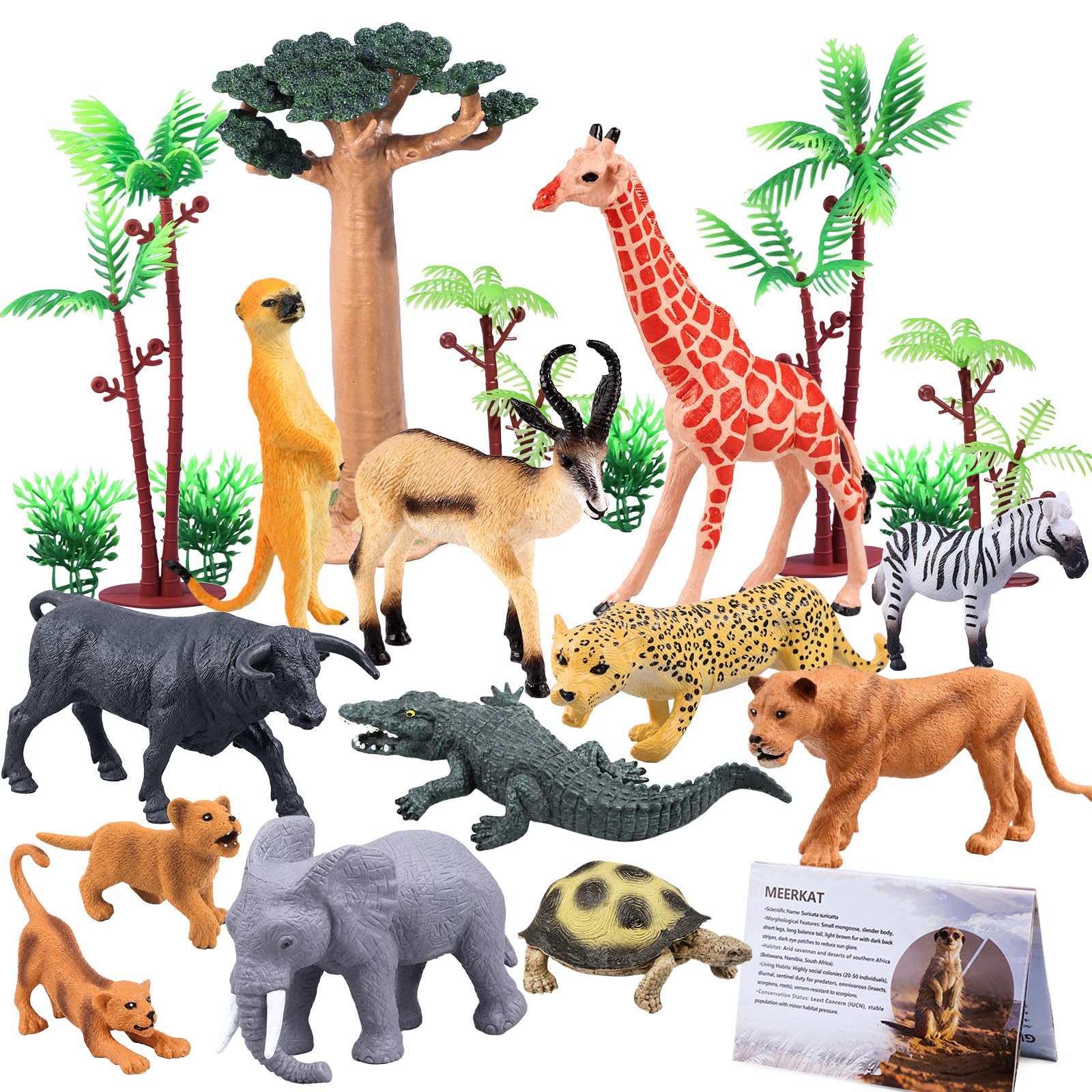 21Pcs Safari Animal Baobab Tree Playset with Booklet, Plastic Realistic Wild Zoo African Savannah Animals Toys Figures with Elephant Lion Zebra Giraffe Crocodile Educational for Kids Toddler