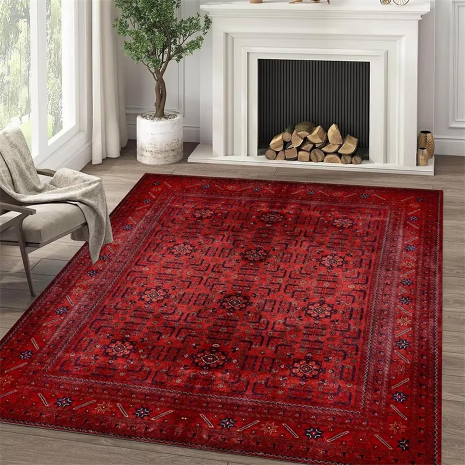 Maschinenwaschbarer Teppich mit Rutschfester Unterseite 60 x 90 cm, Multi Red Vintage Orientalischer Boho-Teppich, Persische Tribal-Textur für Küche, Schlafzimmer, Esszimmer, Wohnzimmer