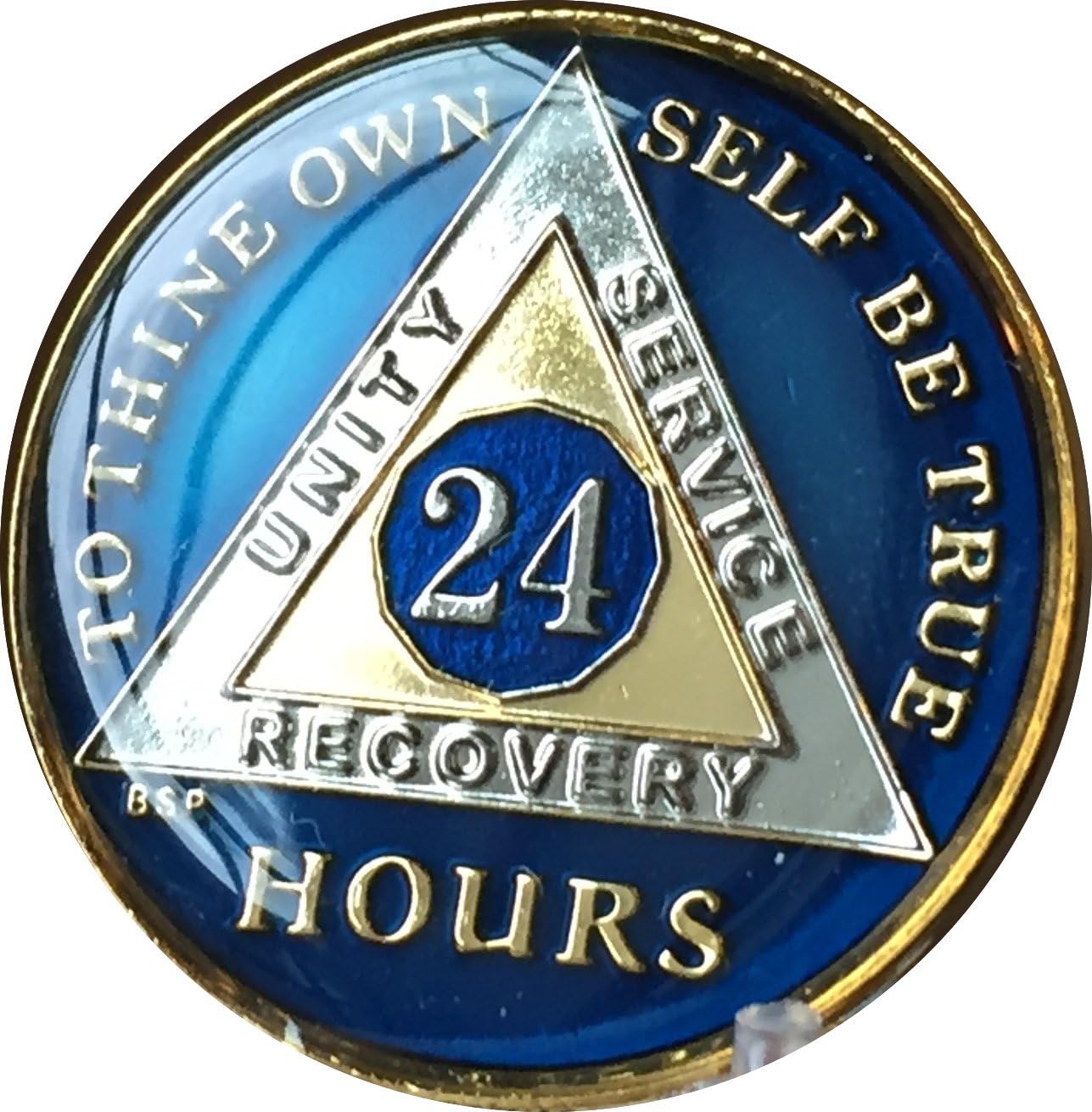24 Hours Midnight Blue AA Alcoholics Anonymous Medallion Chip Tri Plate Gold & Nickel Plated