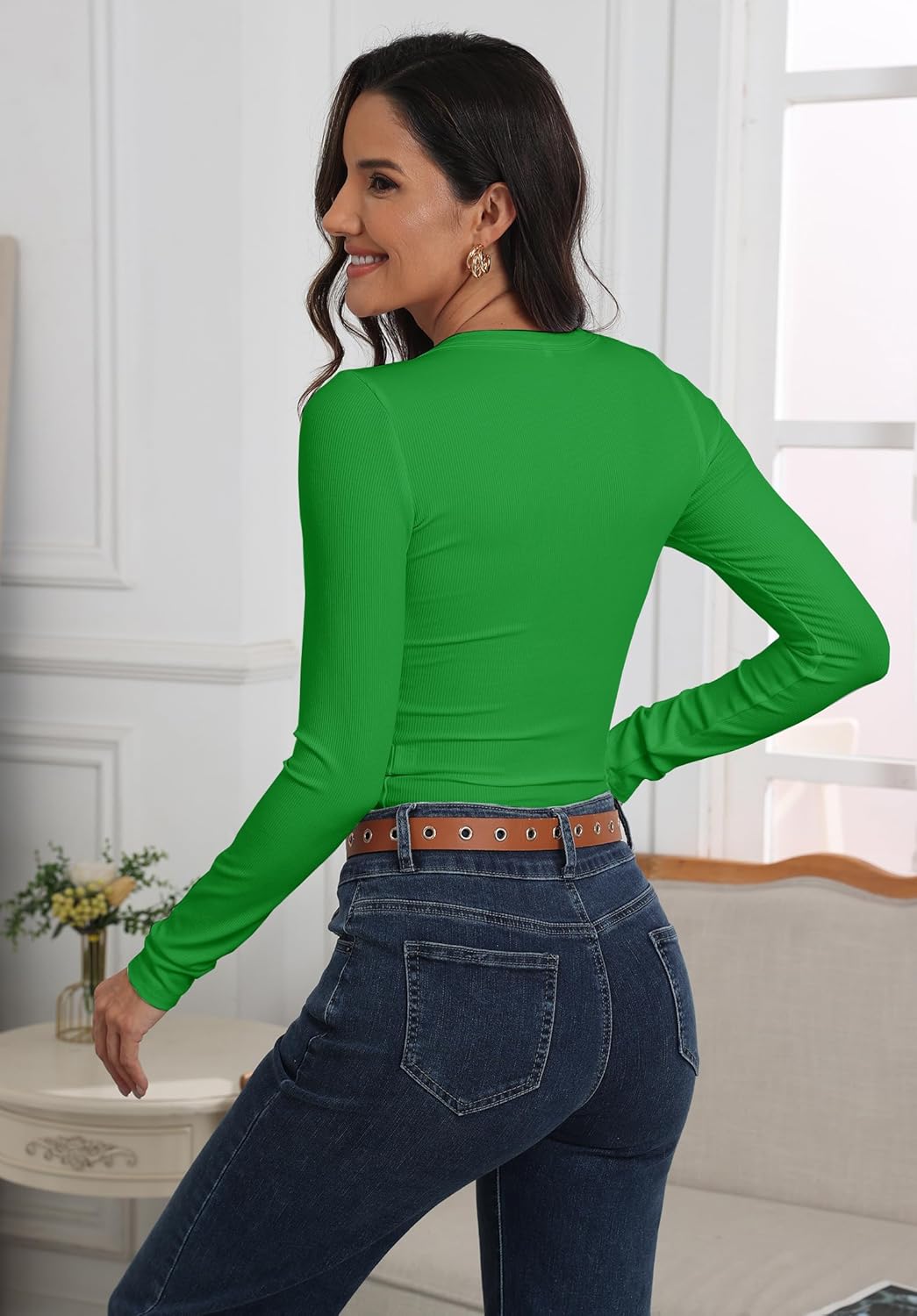 Roselux Womens Long Sleeve Stretch Crewneck Ribbed Knit Fitted Crop Top Casual Basic Shirts - Image 5