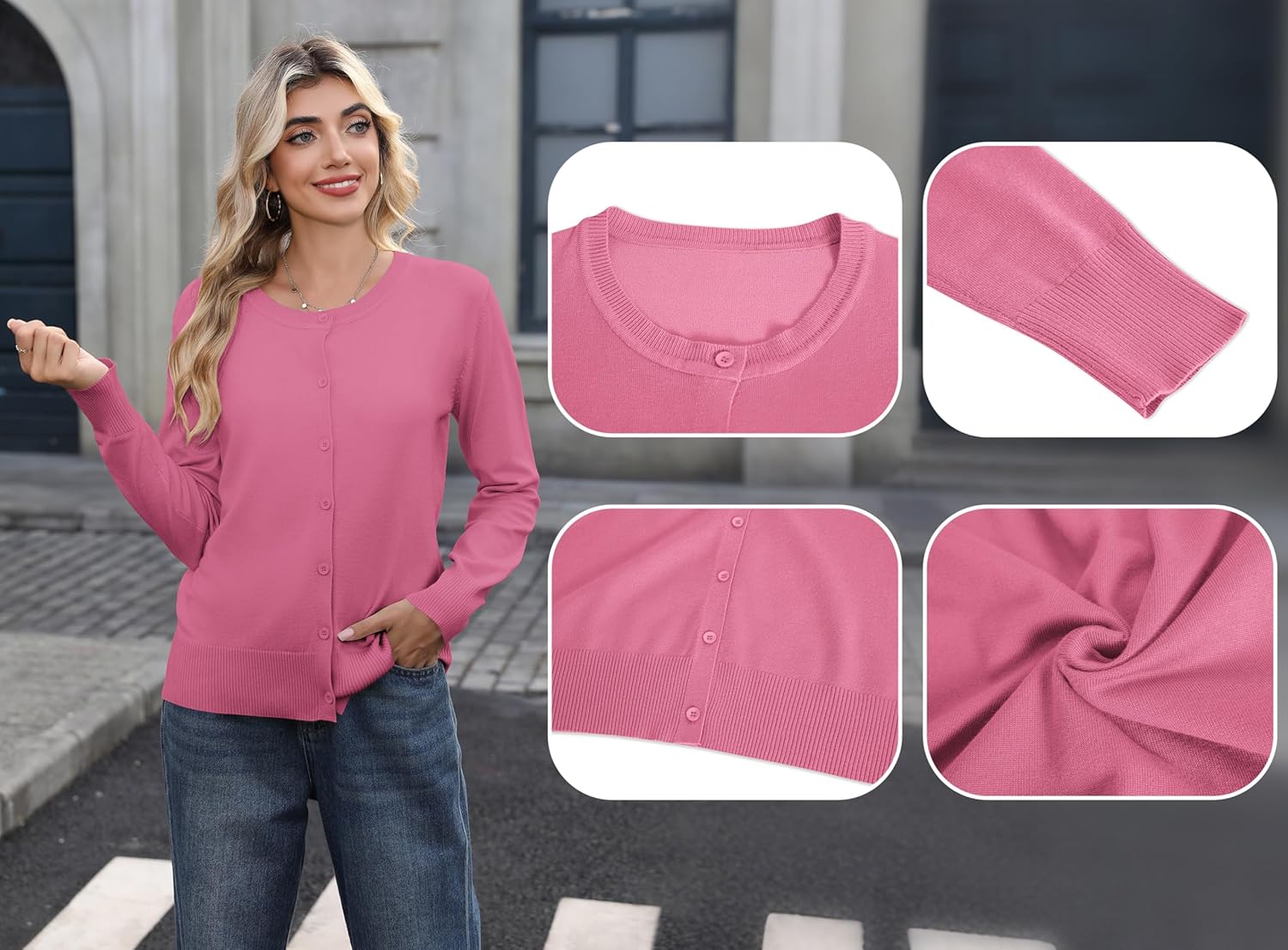 Bettysays Women's Lightweight Button Down Cardigan Casual Long Sleeve Crew Neck Soft Knit Cardigans Sweater - Image 4