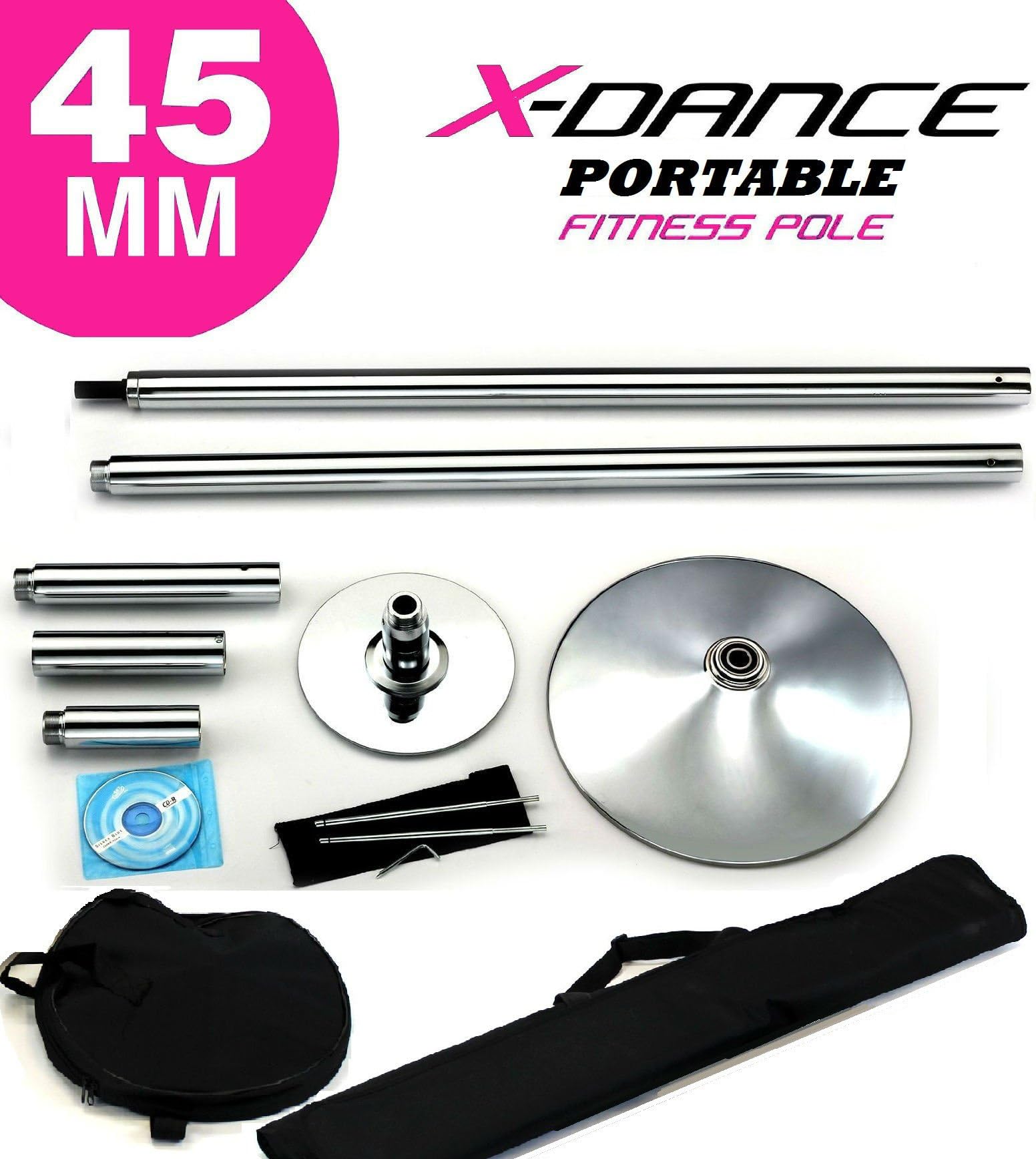 X-Dance (TM) 45 mm Professional Exotic Fitness Removable Pole Dance Stripper with 2 Black Portable Carry Bags Chrome Dancing Spinning Pole