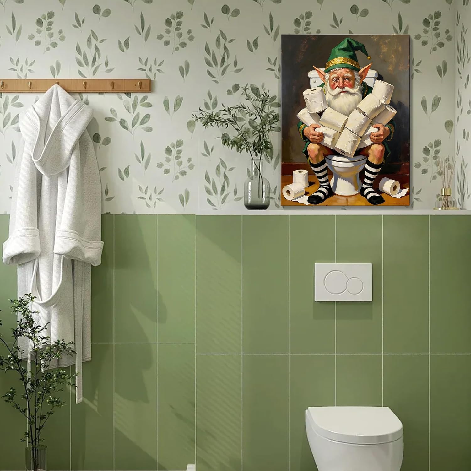 Funny St. Patrick's Day Wall Art Print Vintage Leprechaun on Toilet Picture, Waterproof Painting Humor Irish Holiday Wall Decor Gifts for Bathroom Restroom Home Ready To Hang (24x32, Canvas Framed)