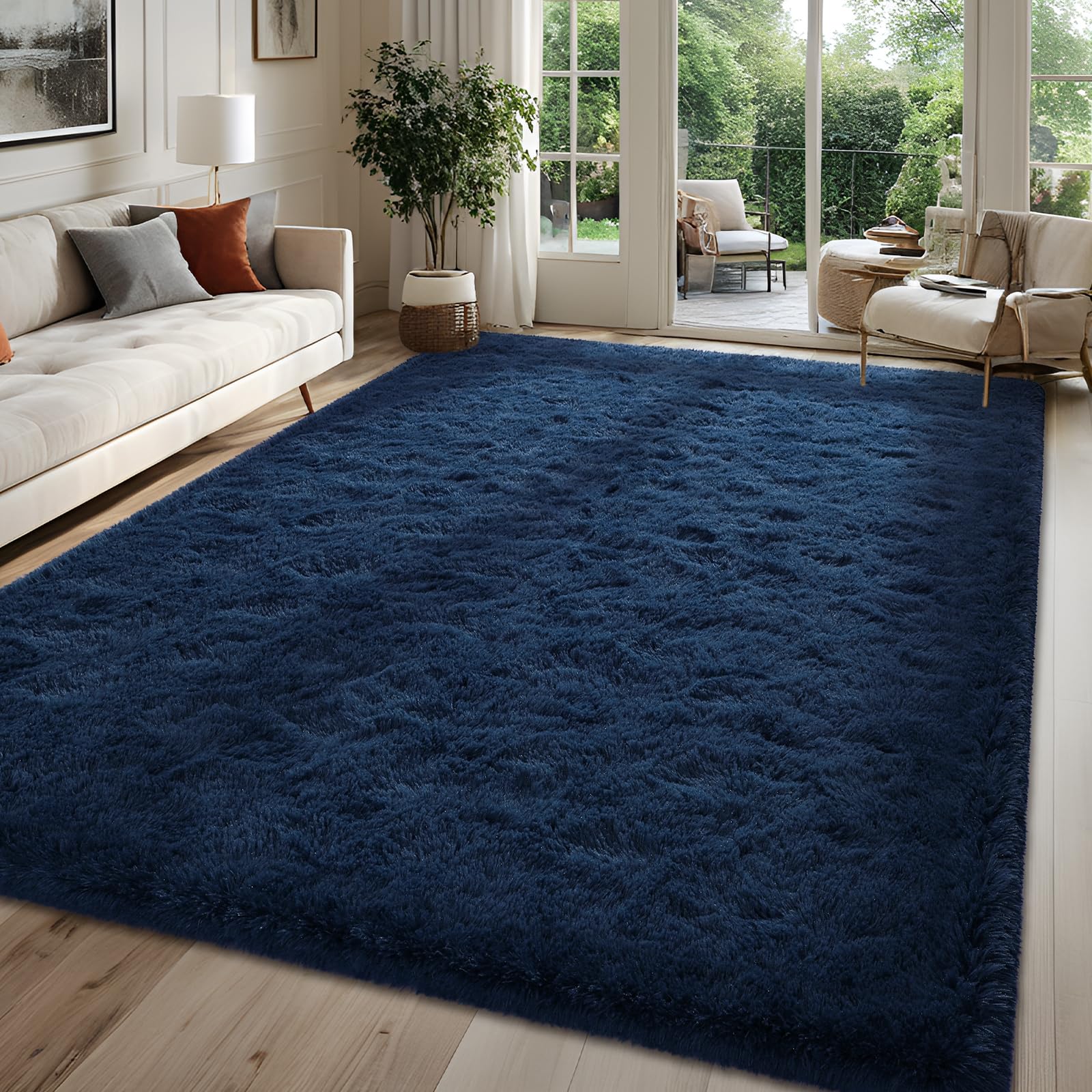 FALARK Fluffy Navy Blue 6x9 Area Rugs for Living Room, Extra Large Dark Blue Rug for Bedroom Decor, Big Shaggy Floor Carpet, Soft Plush Thick Non-Slip